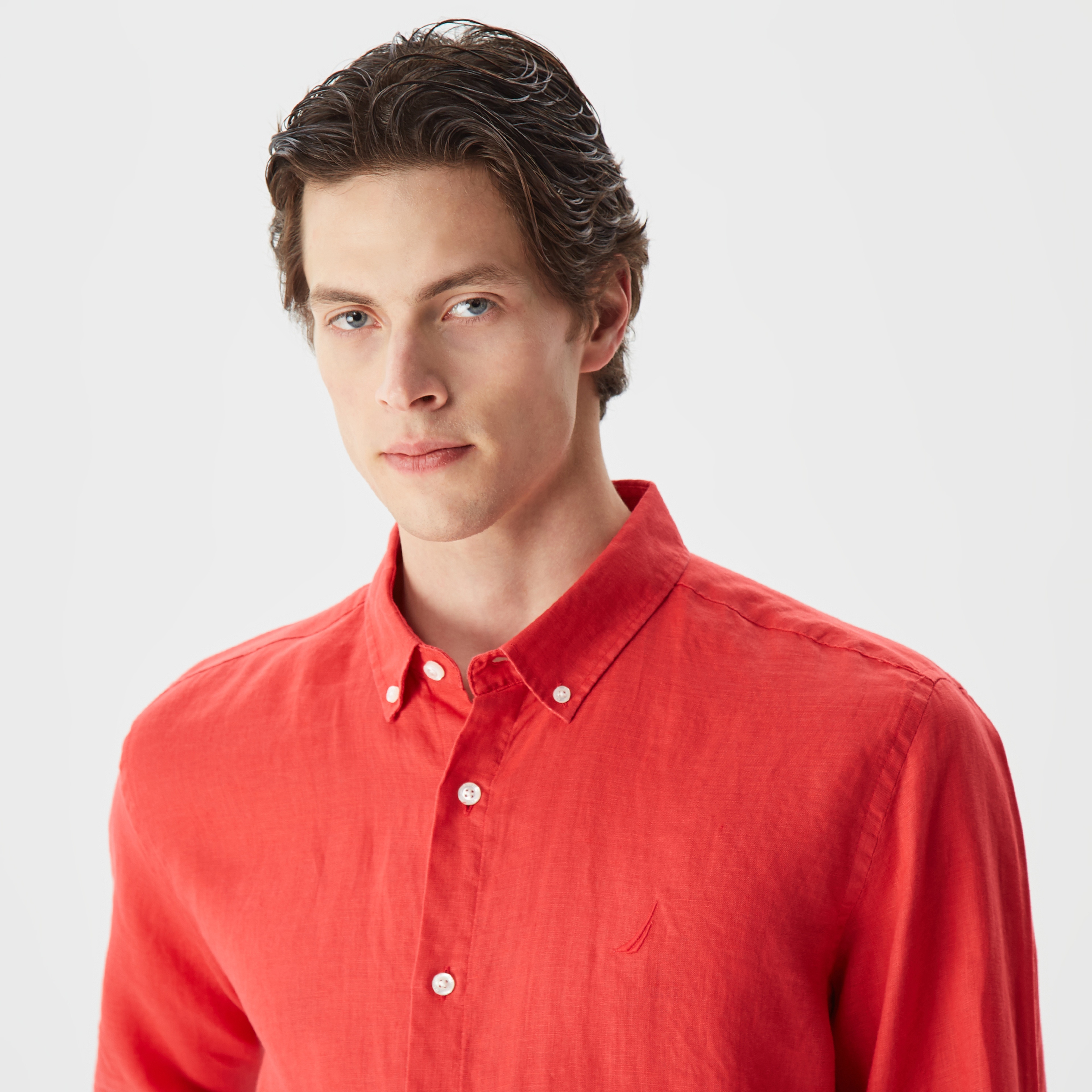 Nautica Erkek Kırmızı Classic Fit Uzun Kollu Keten Gömlek