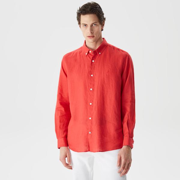 Nautica Erkek Kırmızı Classic Fit Uzun Kollu Keten Gömlek