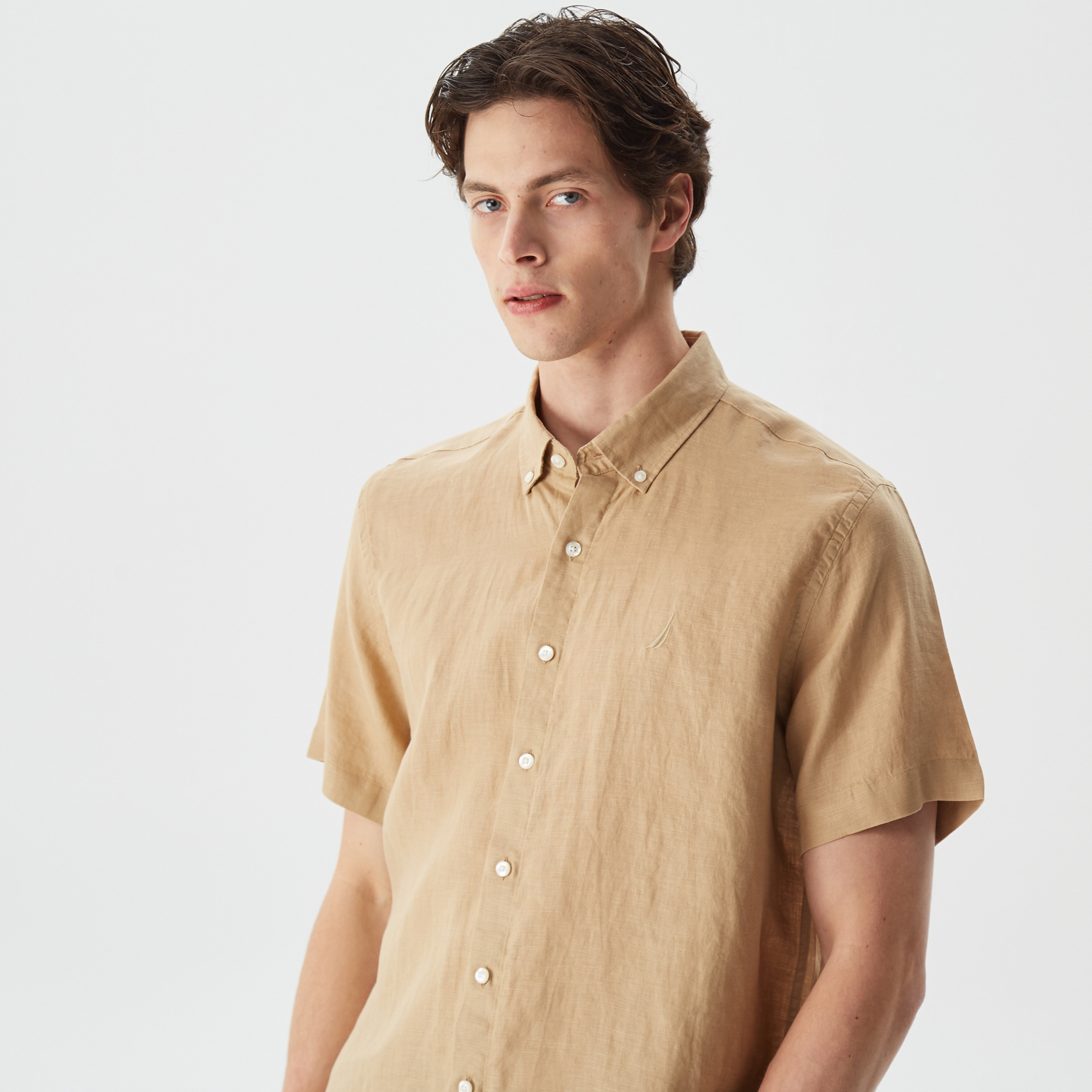 Nautica Erkek Bej Classic Fit Kısa Kollu Keten Gömlek