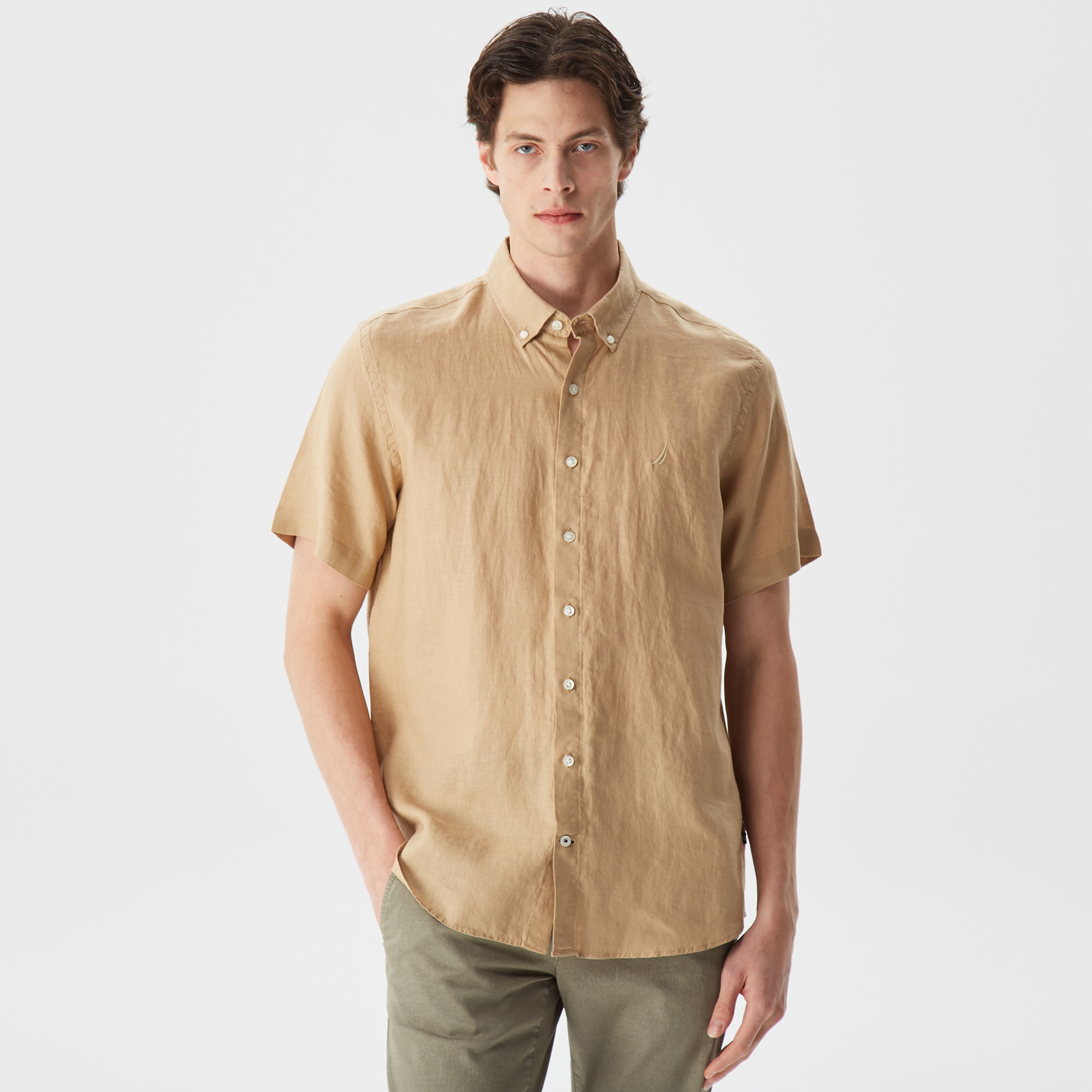 Nautica Erkek Bej Classic Fit Kısa Kollu Keten Gömlek