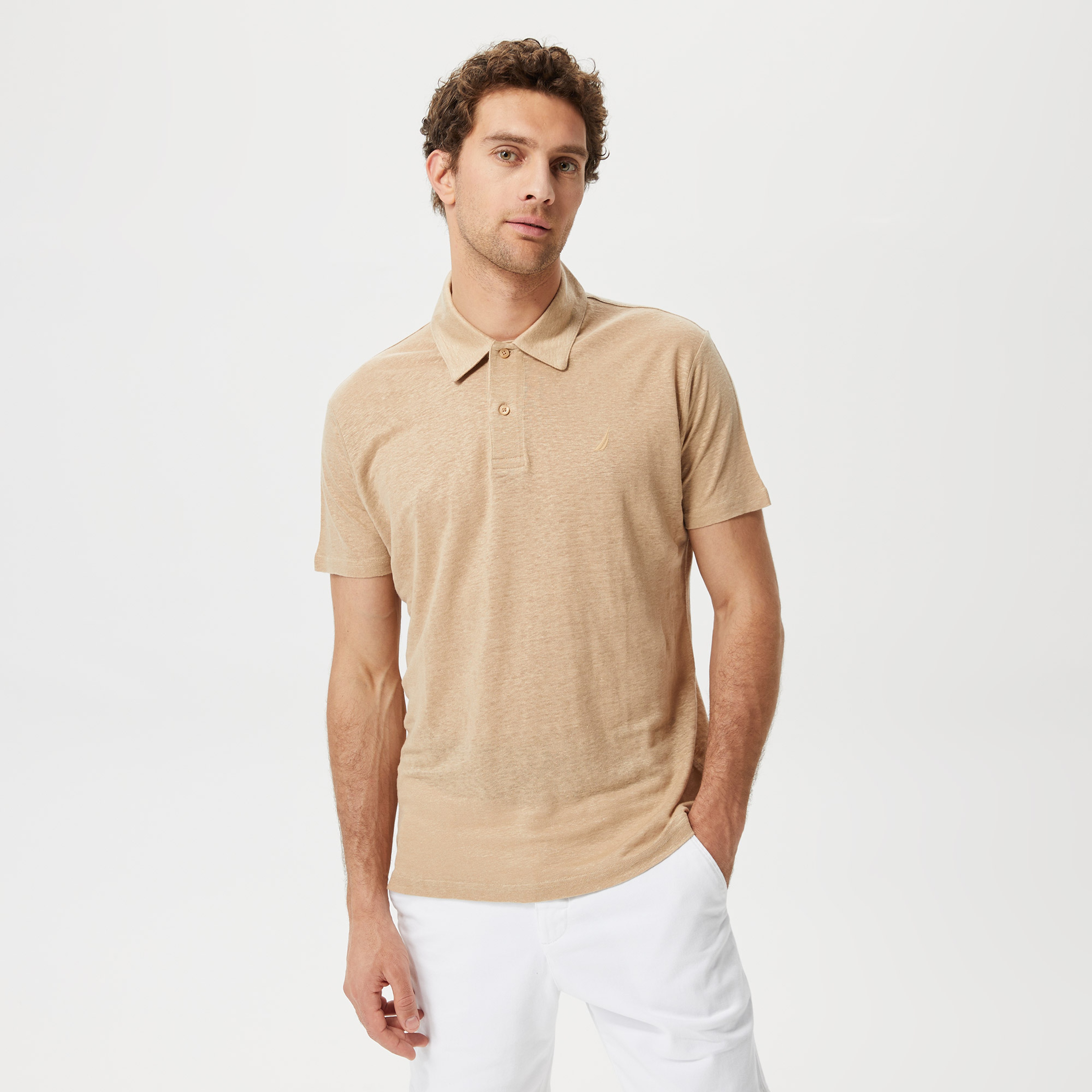 Nautica Erkek Bej Classic Fit Kısa Kollu Keten Polo