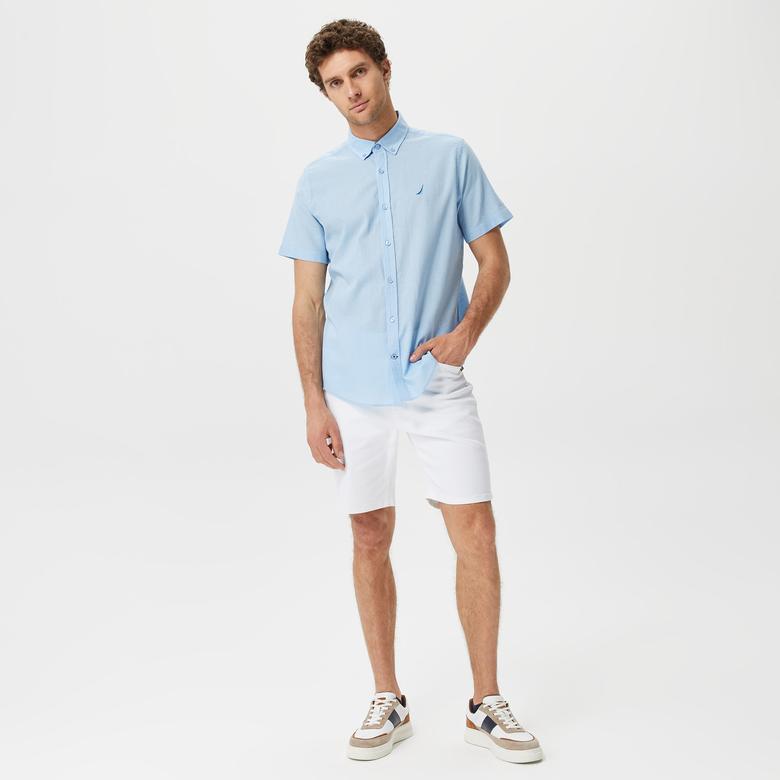 Nautica Erkek Mavi Classic Fit Kısa Kollu Keten Gömlek