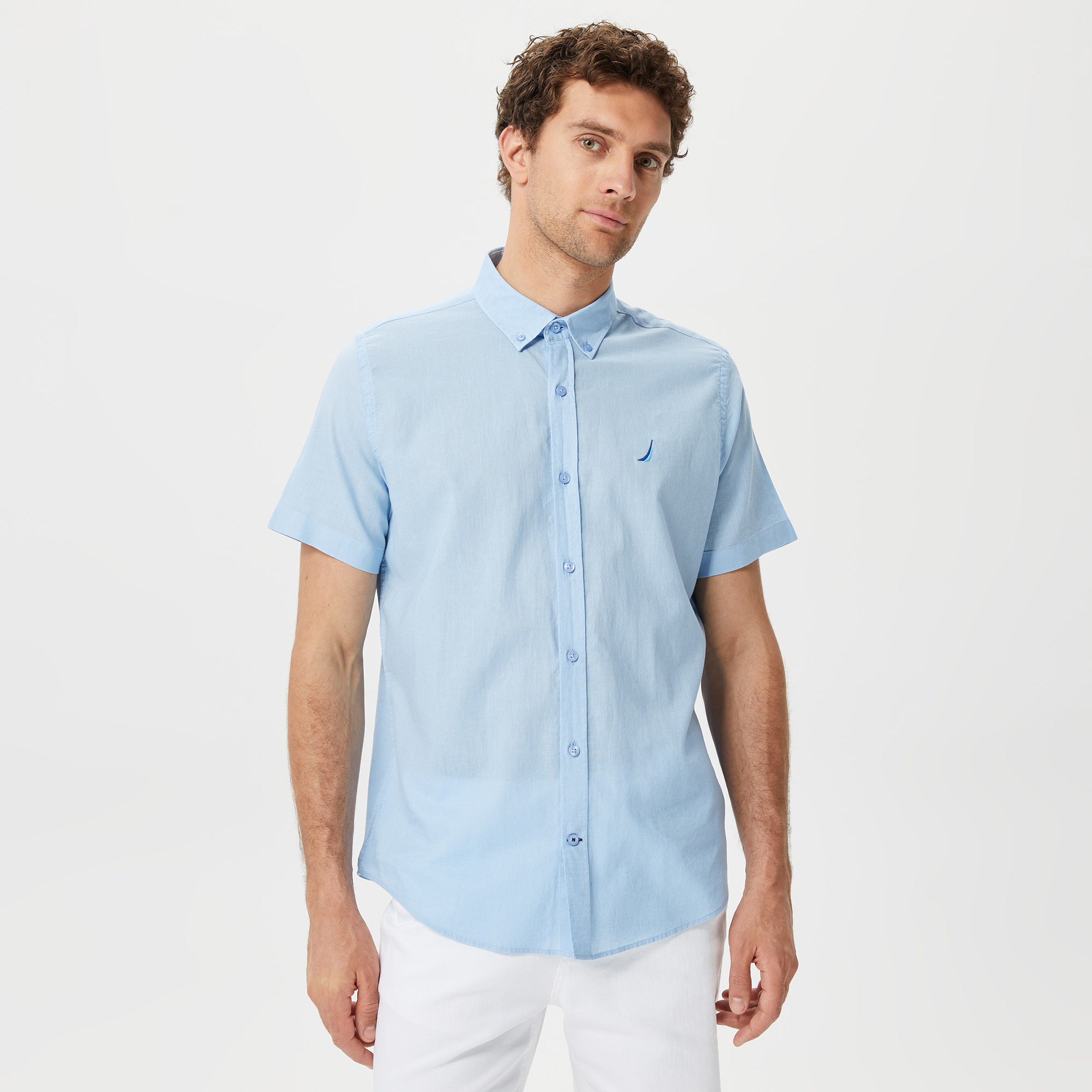 Nautica Erkek Mavi Classic Fit Kısa Kollu Keten Gömlek