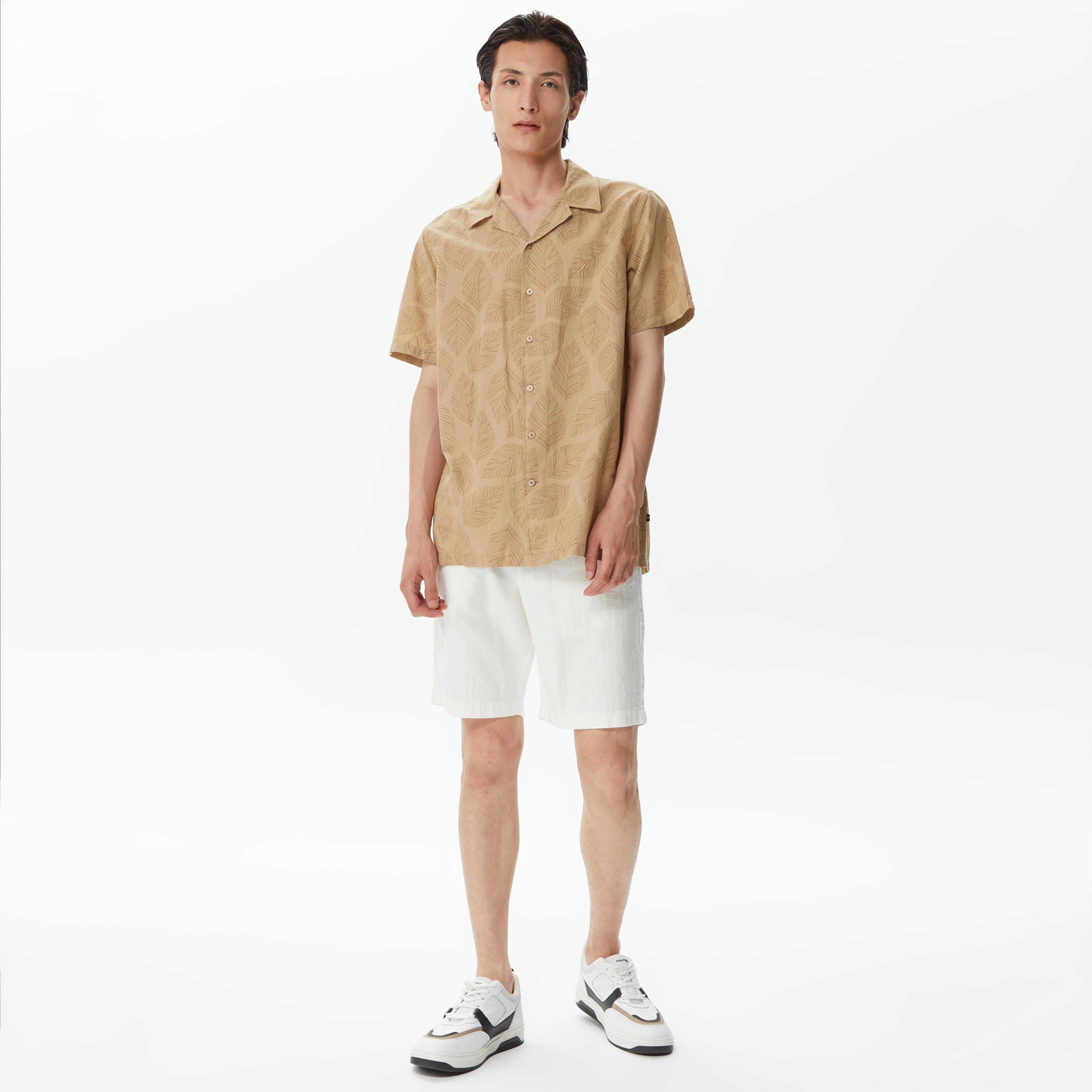 Nautica Erkek Bej Classic Fit Kısa Kollu Desenli Gömlek