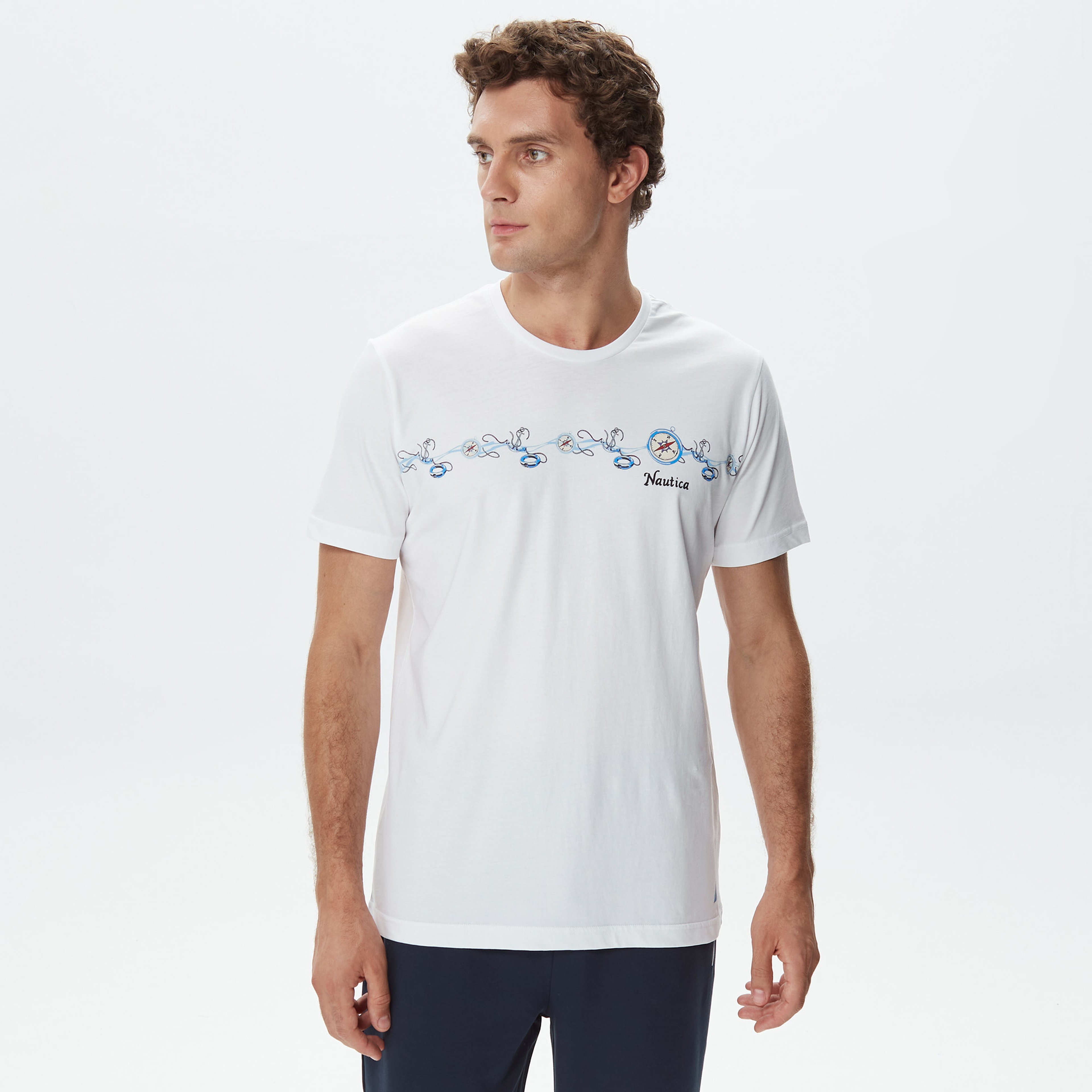 Nautica Erkek Beyaz Desenli Standart Fit T-Shirt