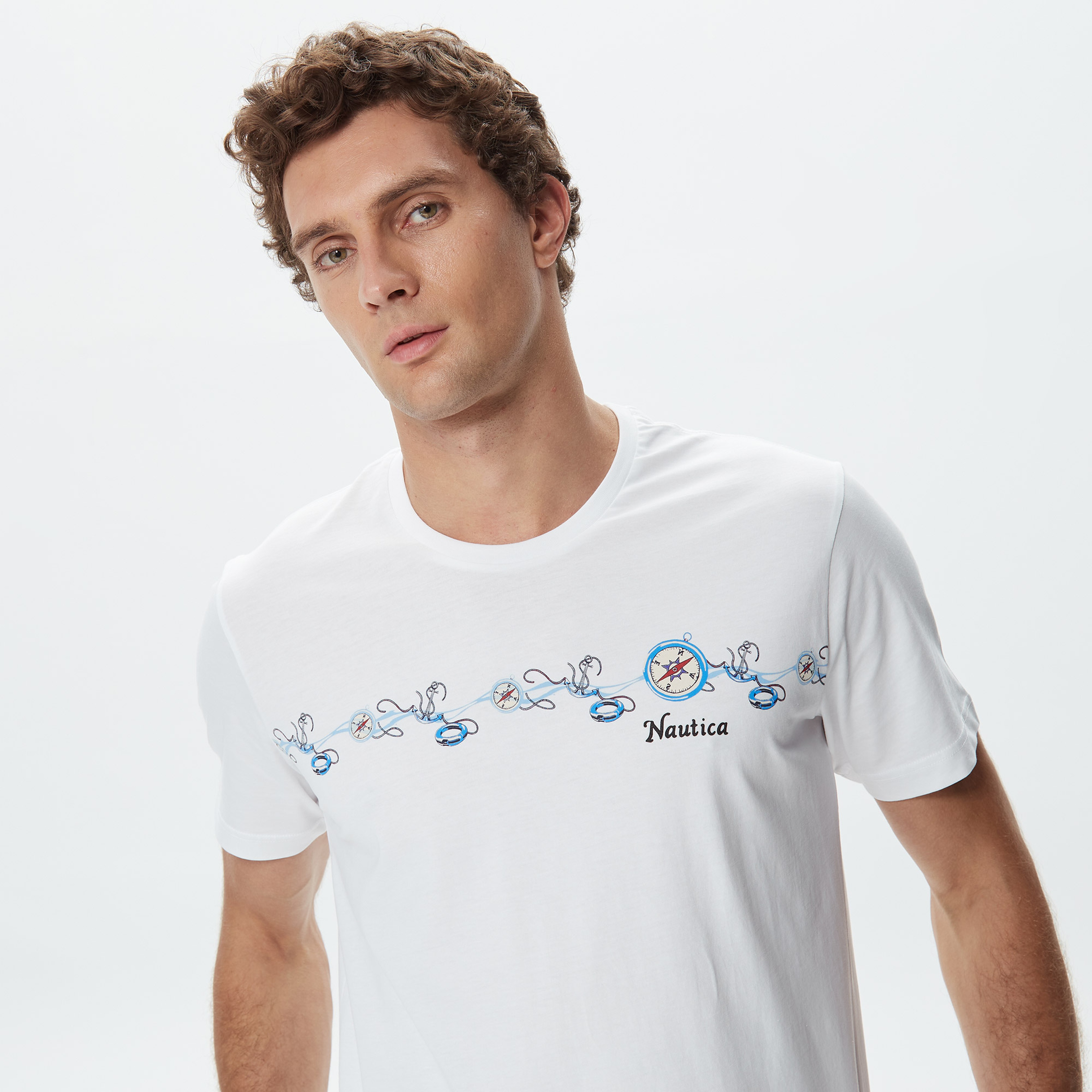 Nautica Erkek Beyaz Desenli Standart Fit T-Shirt