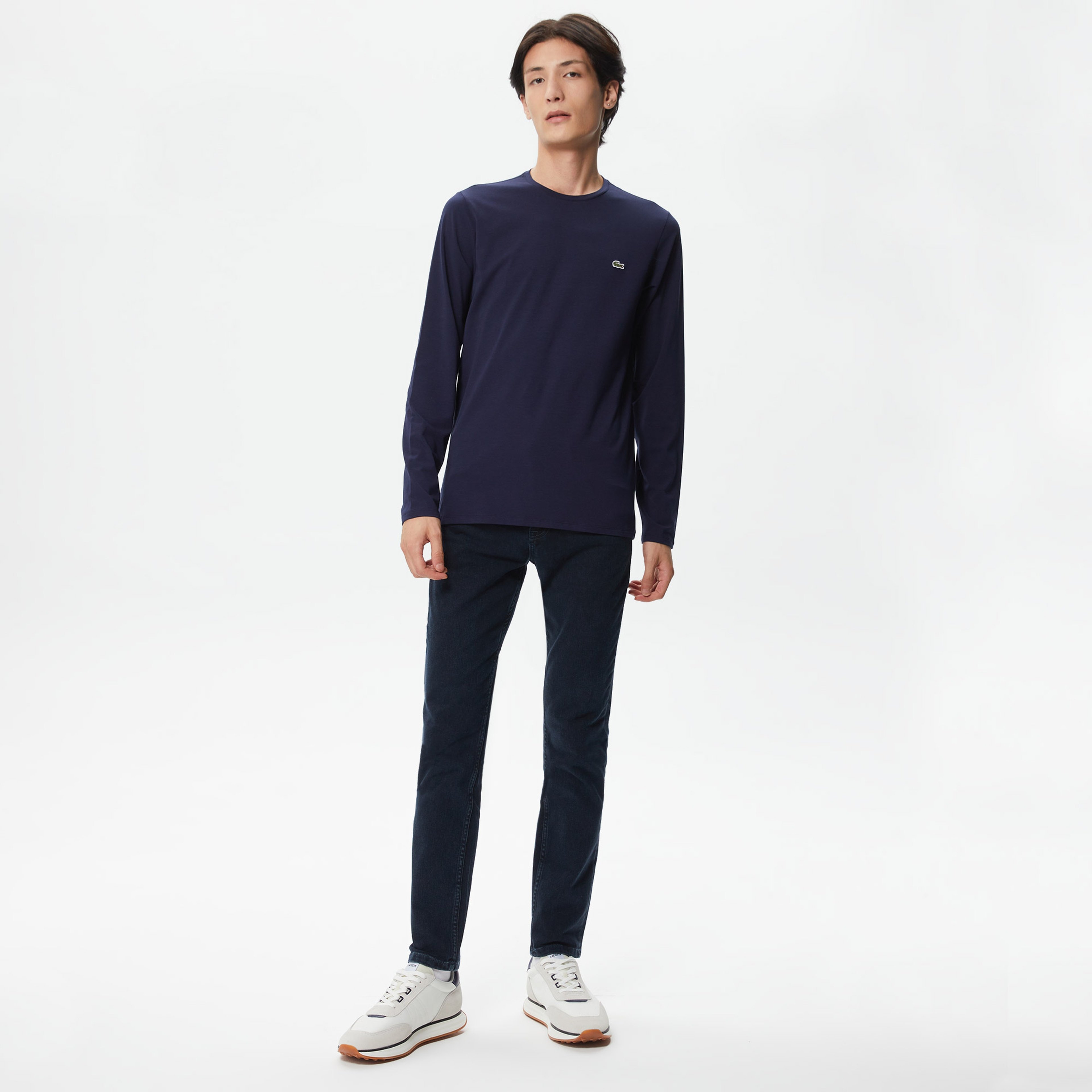 Erkek Slim Fit Uzun Kollu Bisiklet Yaka Lacivert T-Shirt