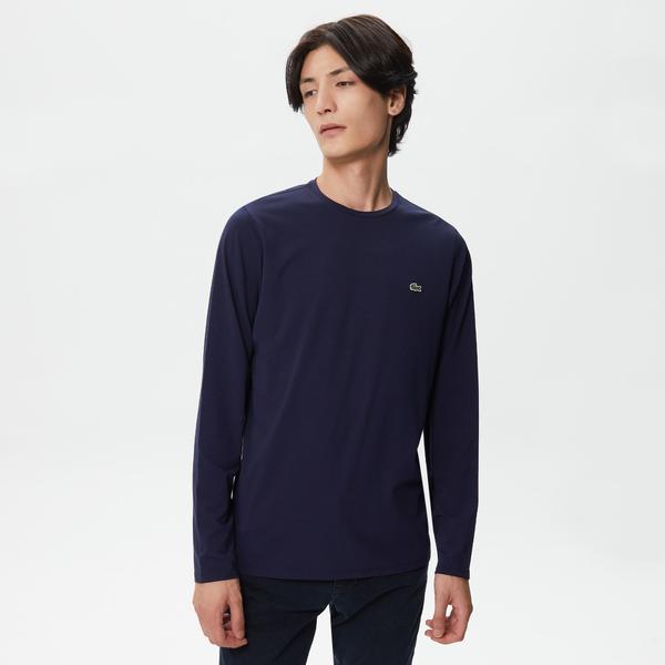 Erkek Slim Fit Uzun Kollu Bisiklet Yaka Lacivert T-Shirt