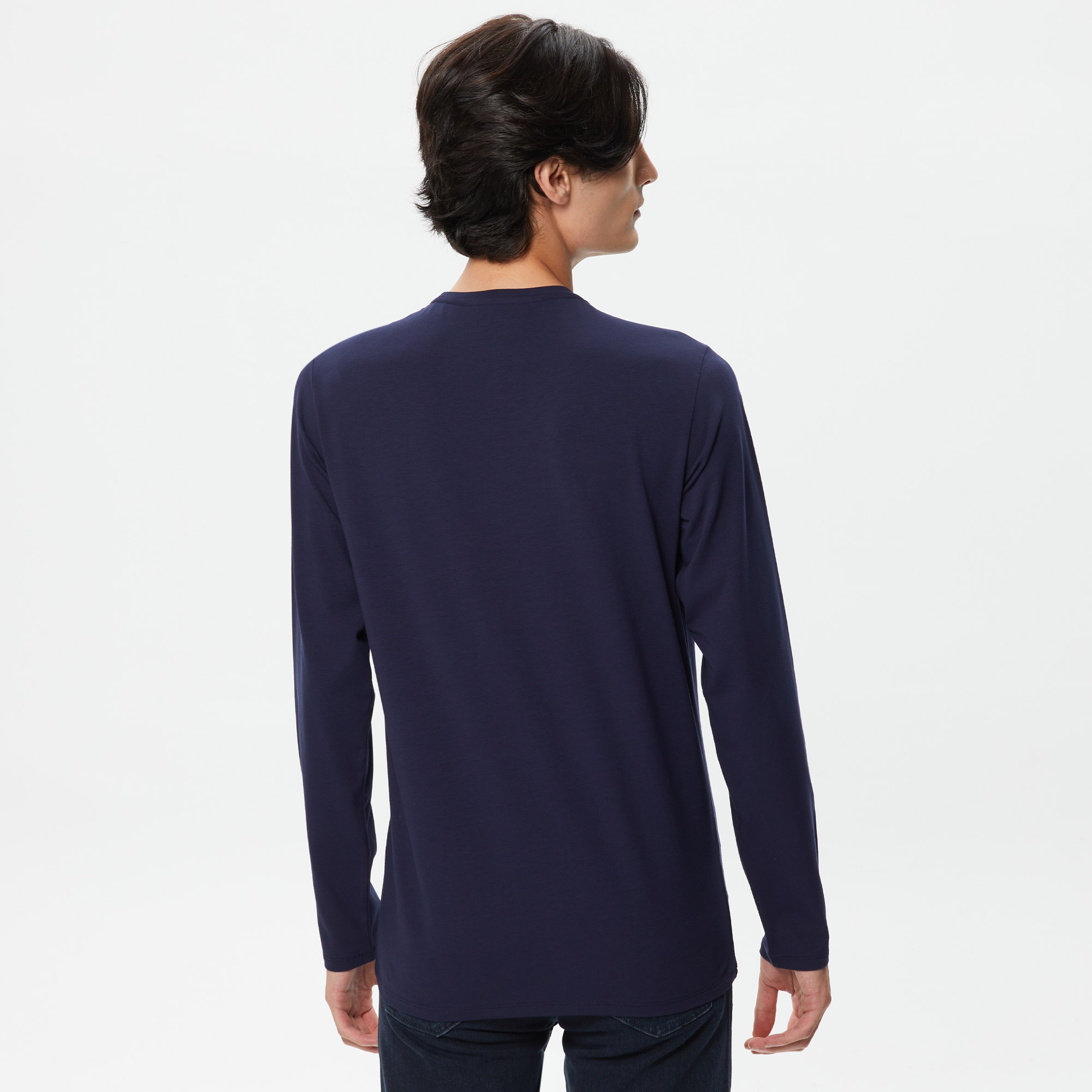 Erkek Slim Fit Uzun Kollu Bisiklet Yaka Lacivert T-Shirt