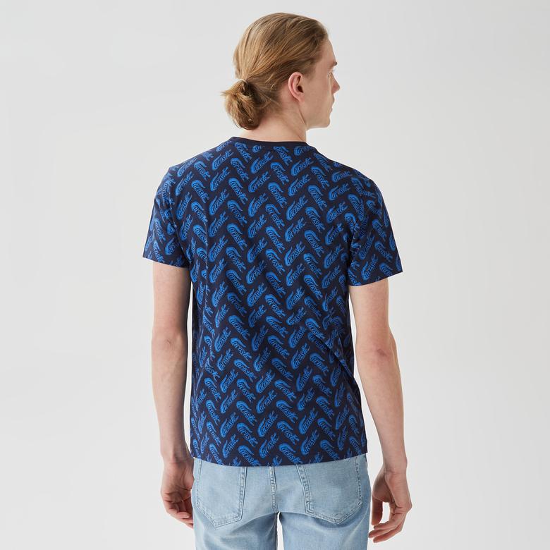 Erkek Slim Fit Bisiklet Yaka Desenli Lacivert T-Shirt