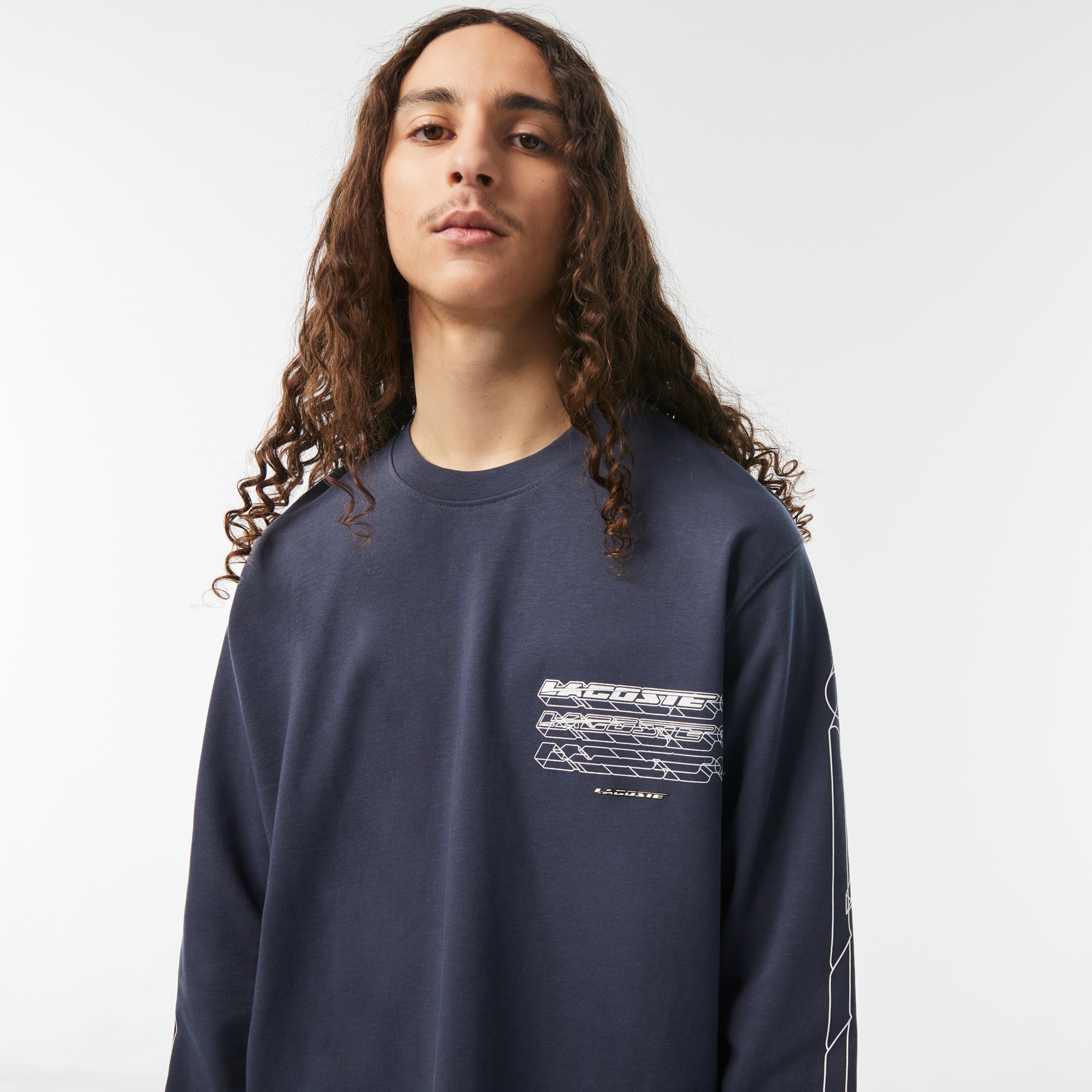 Erkek Loose Fit Uzun Kollu Bisiklet Yaka Lacivert T-Shirt
