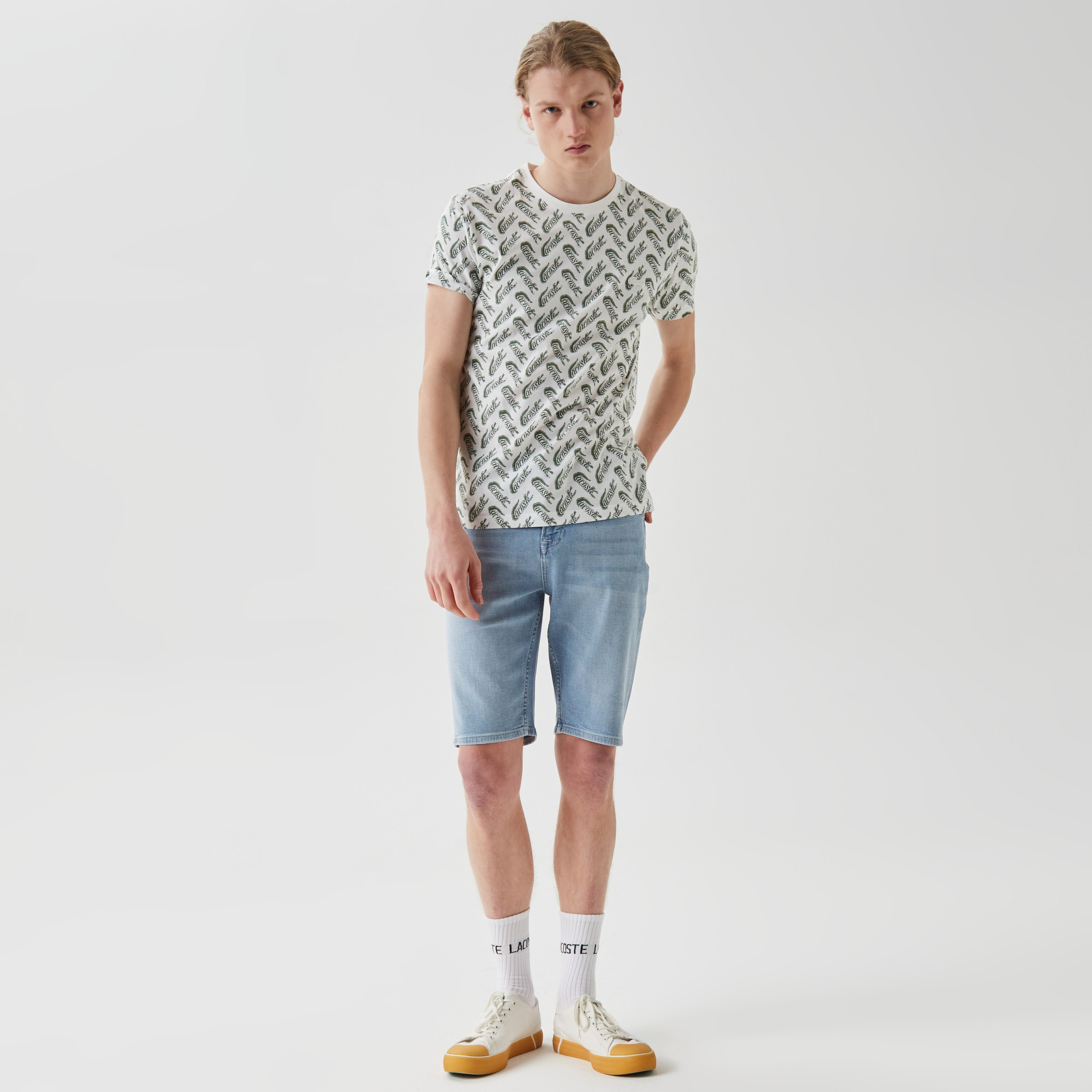 Erkek Slim Fit Bisiklet Yaka Desenli Beyaz T-Shirt