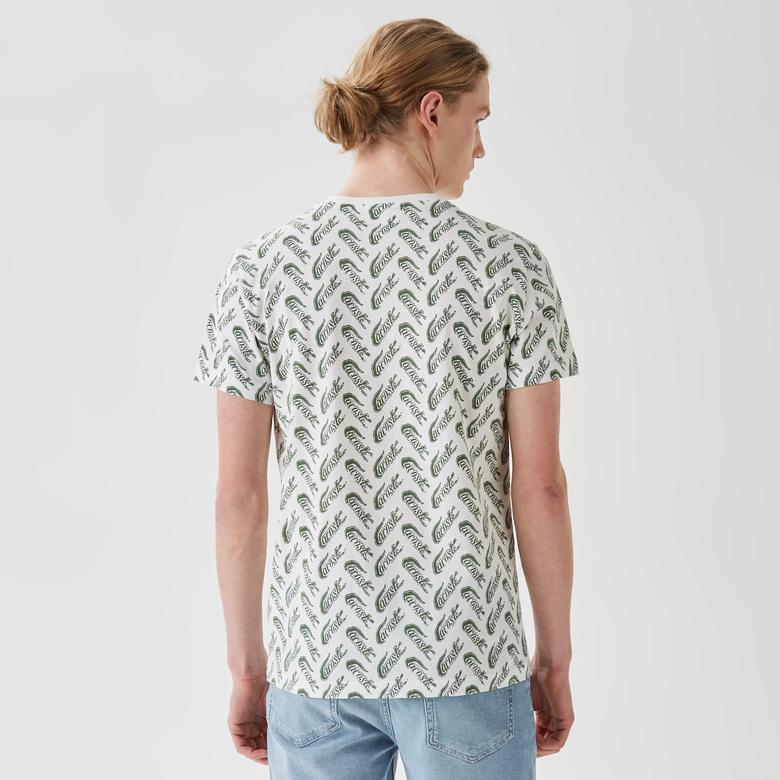 Erkek Slim Fit Bisiklet Yaka Desenli Beyaz T-Shirt