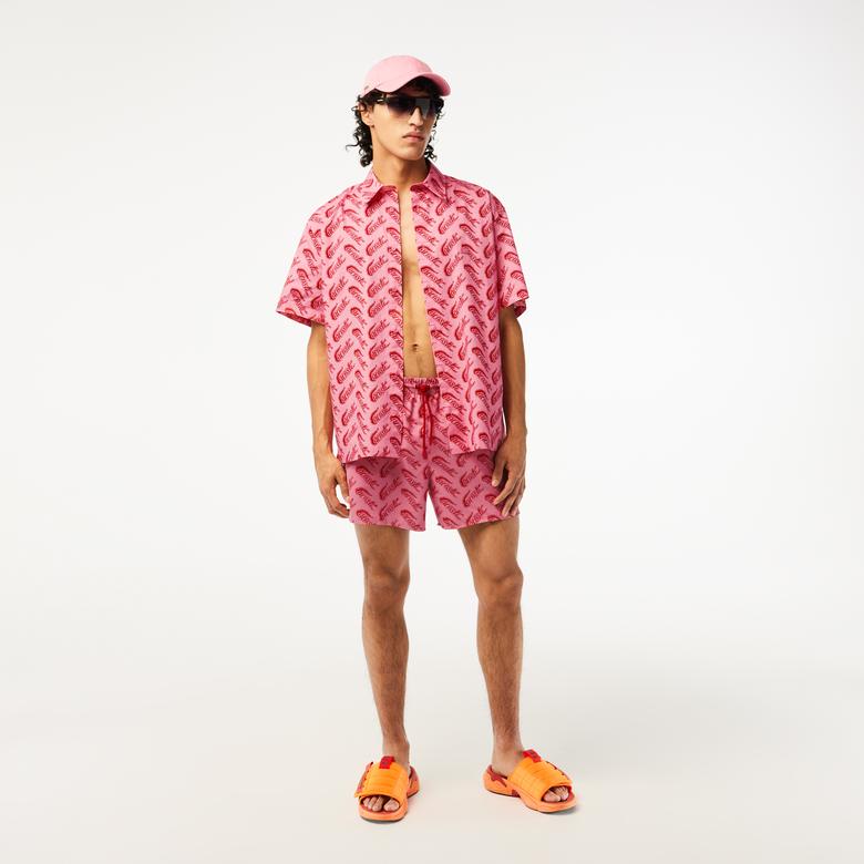 Erkek Relaxed Fit Kısa Kollu Desenli Pembe Gömlek