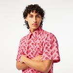 Erkek Relaxed Fit Kısa Kollu Desenli Pembe Gömlek