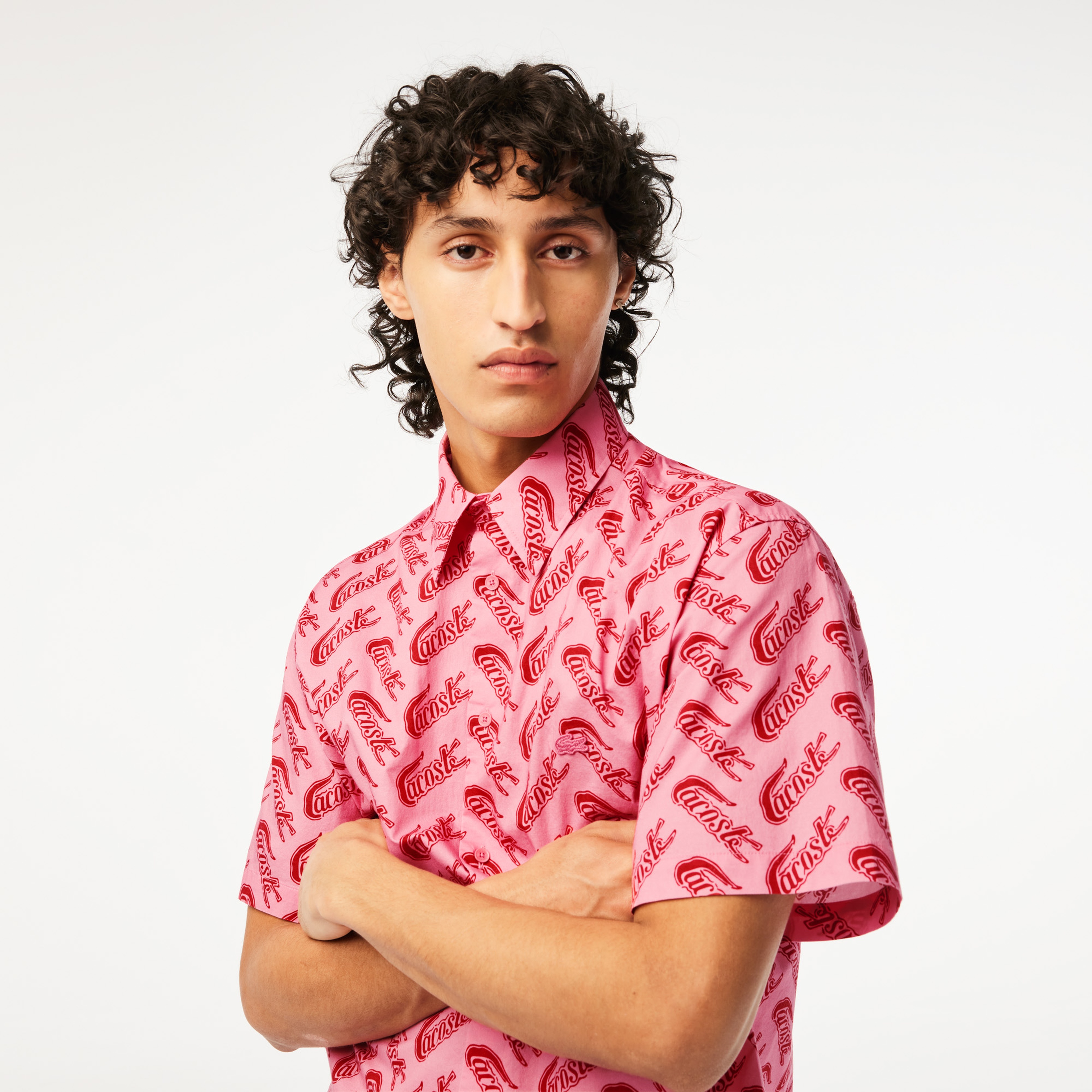 Erkek Relaxed Fit Kısa Kollu Desenli Pembe Gömlek