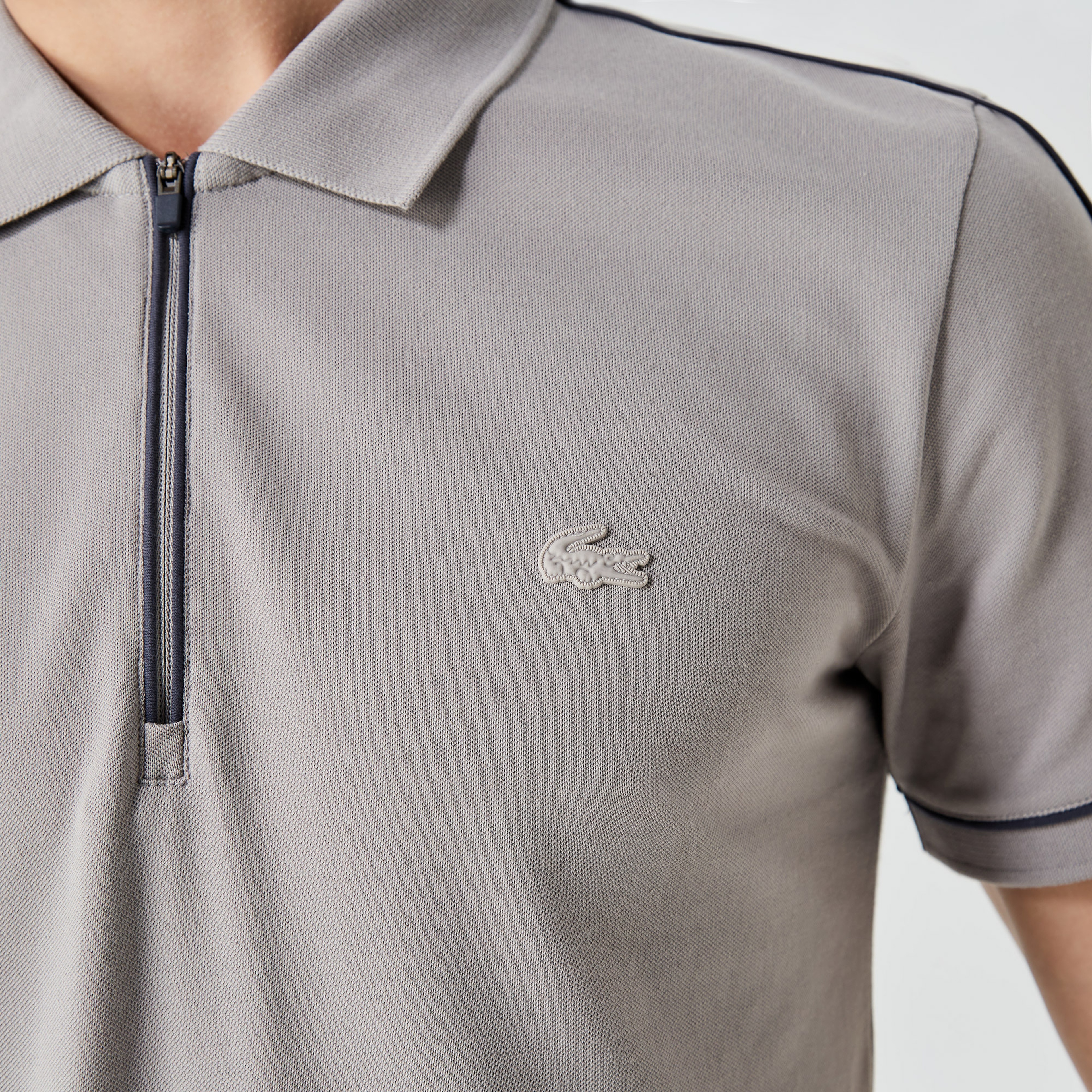 Erkek Slim Fit Yarım Fermuarlı Gri Polo