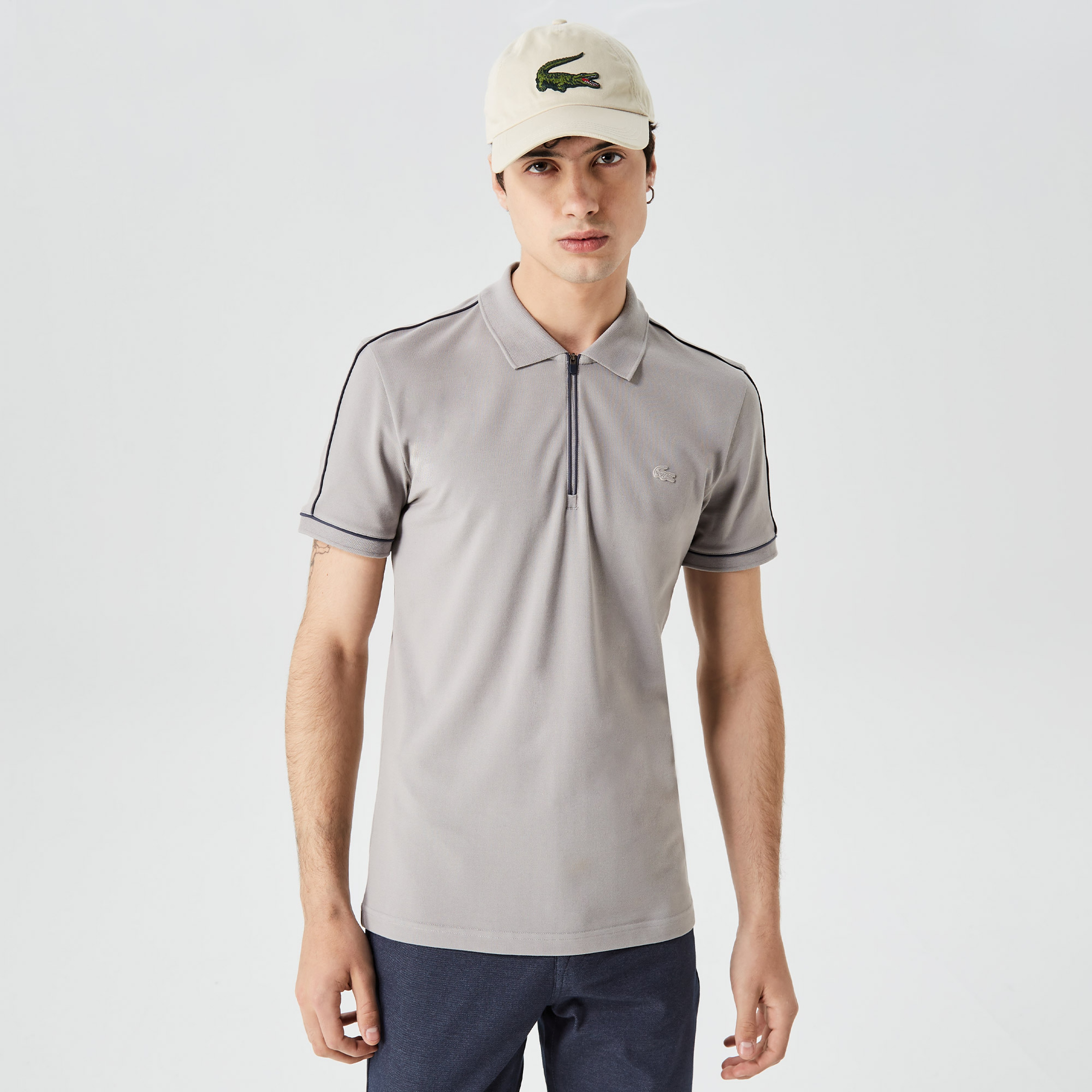 Erkek Slim Fit Yarım Fermuarlı Gri Polo