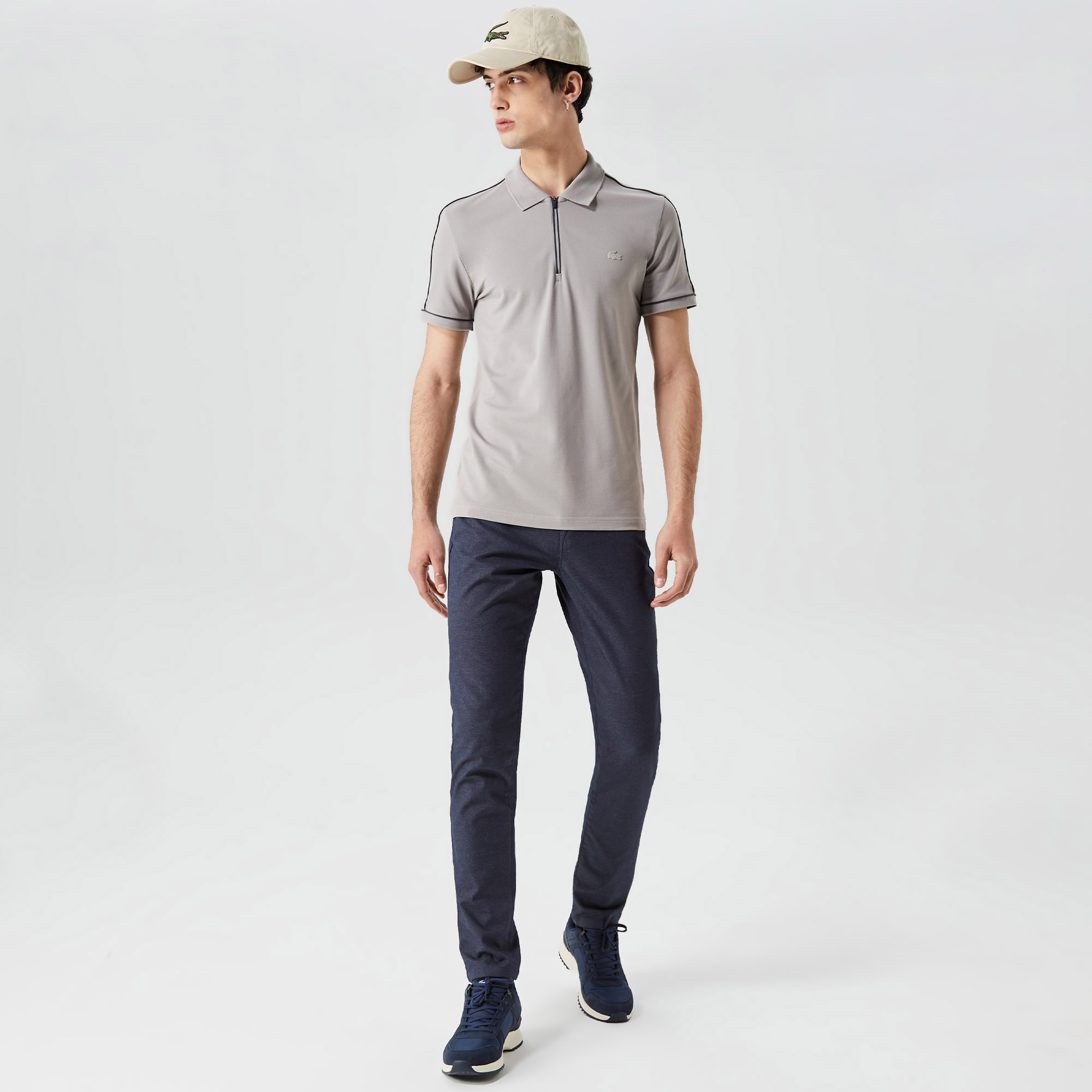 Erkek Slim Fit Yarım Fermuarlı Gri Polo