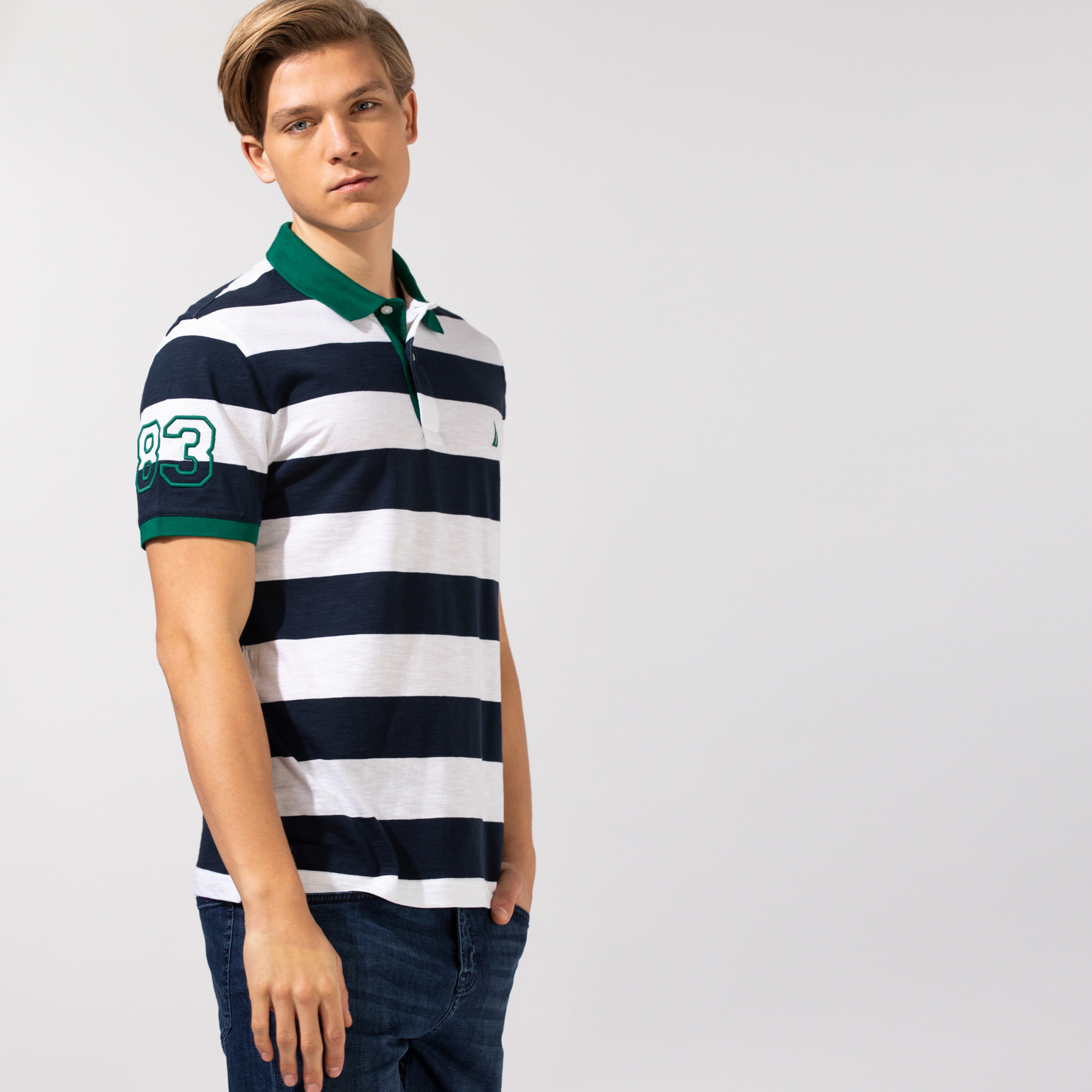 NAUTICA ERKEK BEYAZ ÇİZGİLİ SLIM FIT KISA KOLLU POLO