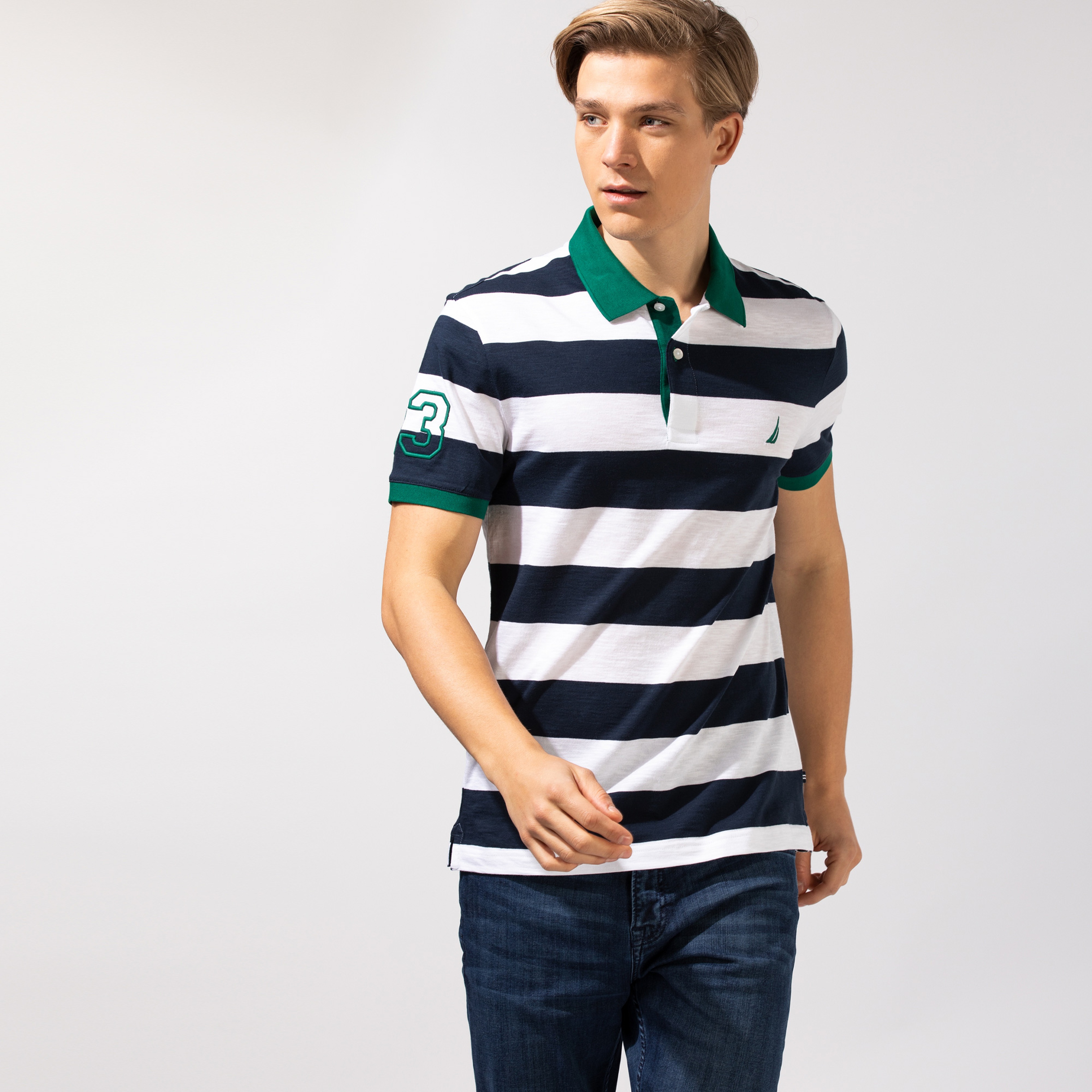 NAUTICA ERKEK BEYAZ ÇİZGİLİ SLIM FIT KISA KOLLU POLO