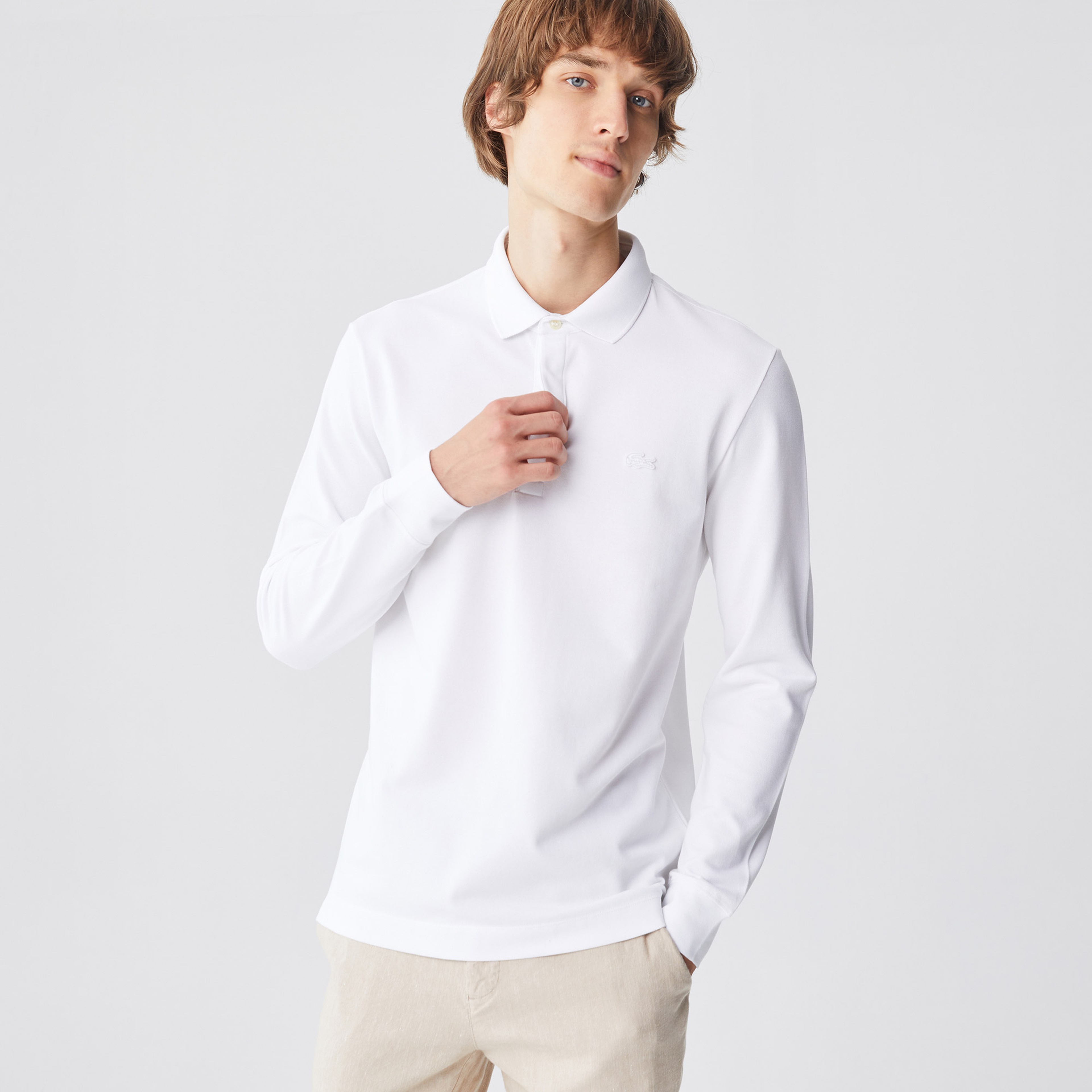 Erkek Regular Fit Uzun Kollu Beyaz Paris Polo