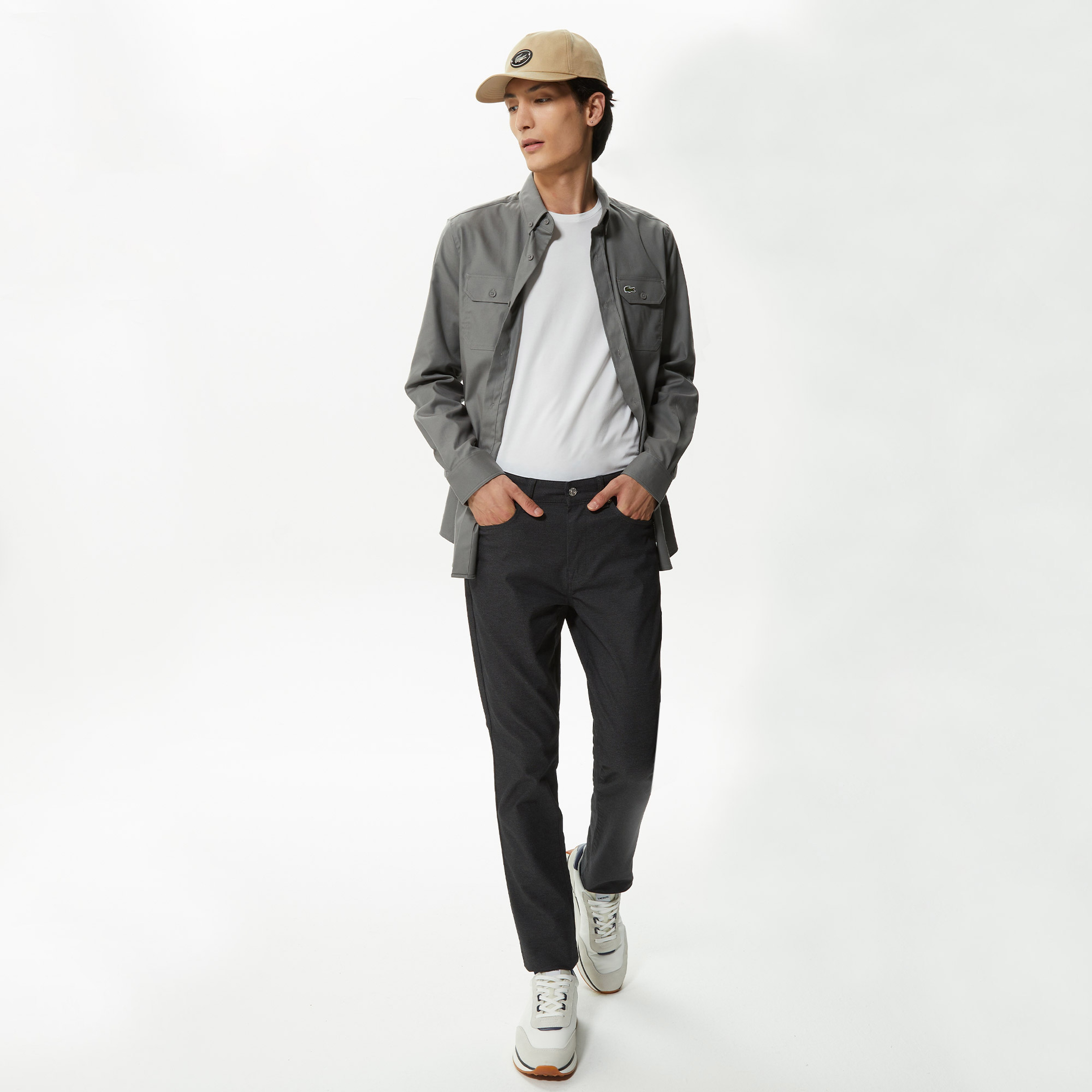 Erkek Slim Fit Düğmeli Yaka Koyu Gri Gömlek