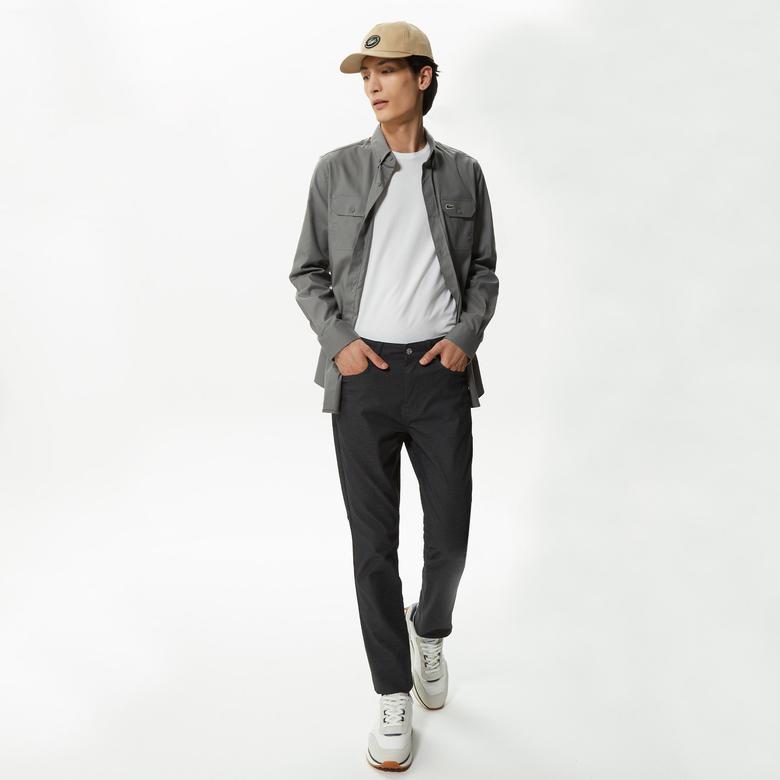 Erkek Slim Fit Düğmeli Yaka Koyu Gri Gömlek