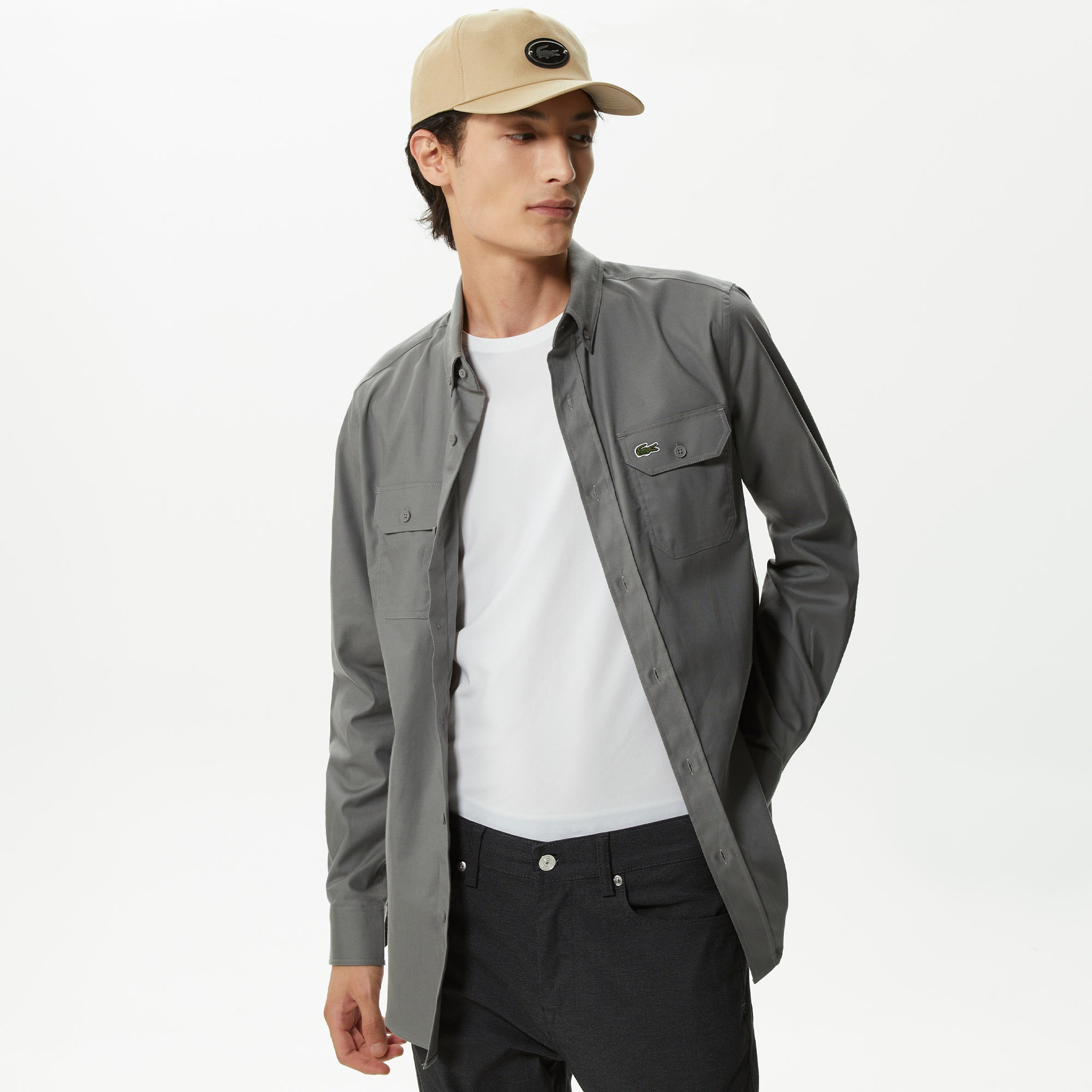 Erkek Slim Fit Düğmeli Yaka Koyu Gri Gömlek