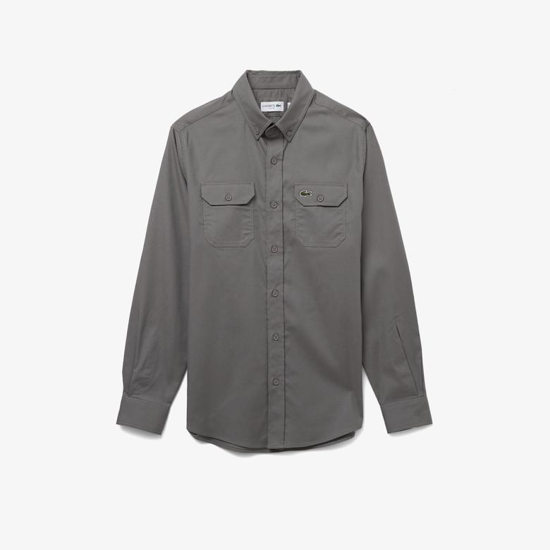 Erkek Slim Fit Düğmeli Yaka Koyu Gri Gömlek