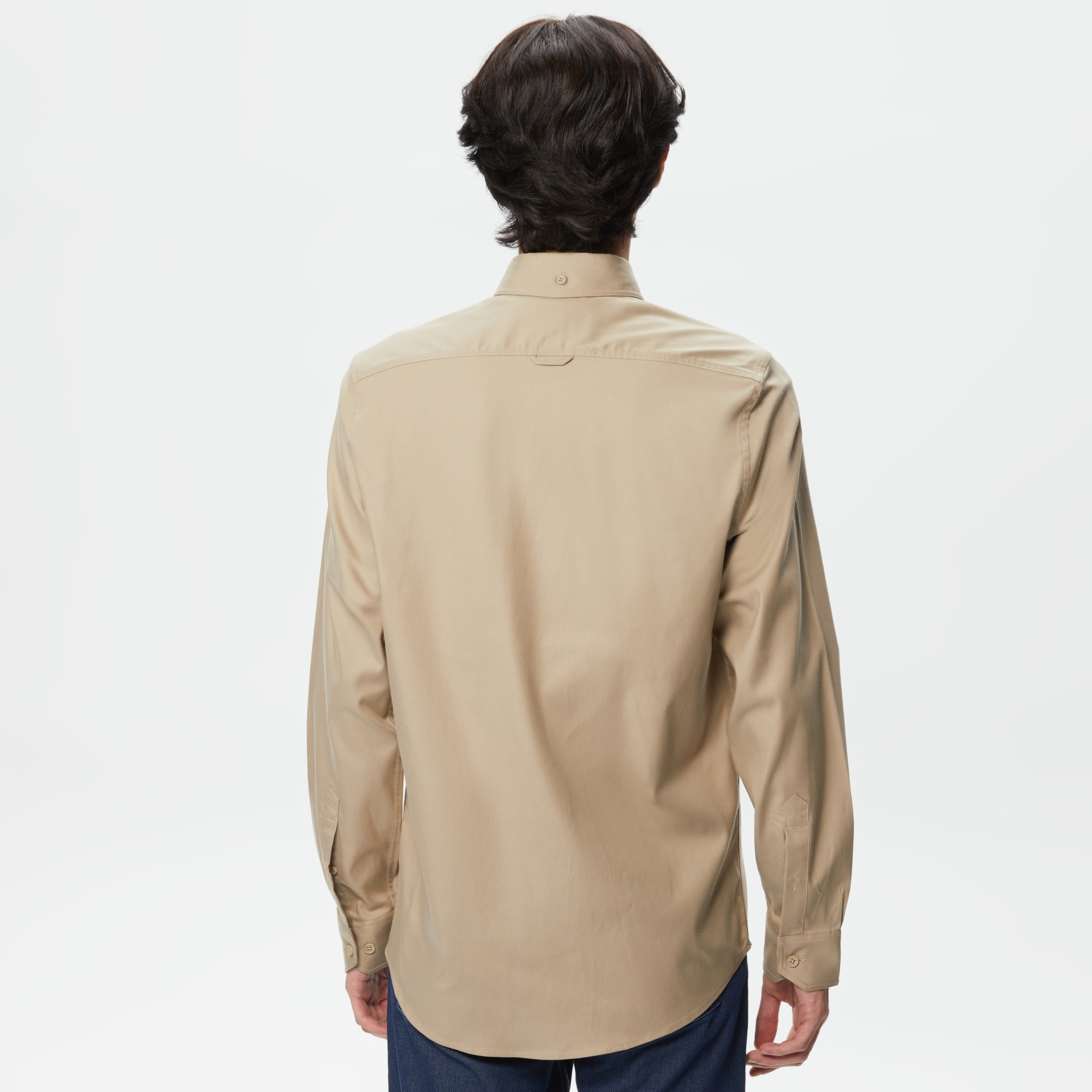 Erkek Slim Fit Düğmeli Yaka Bej Gömlek