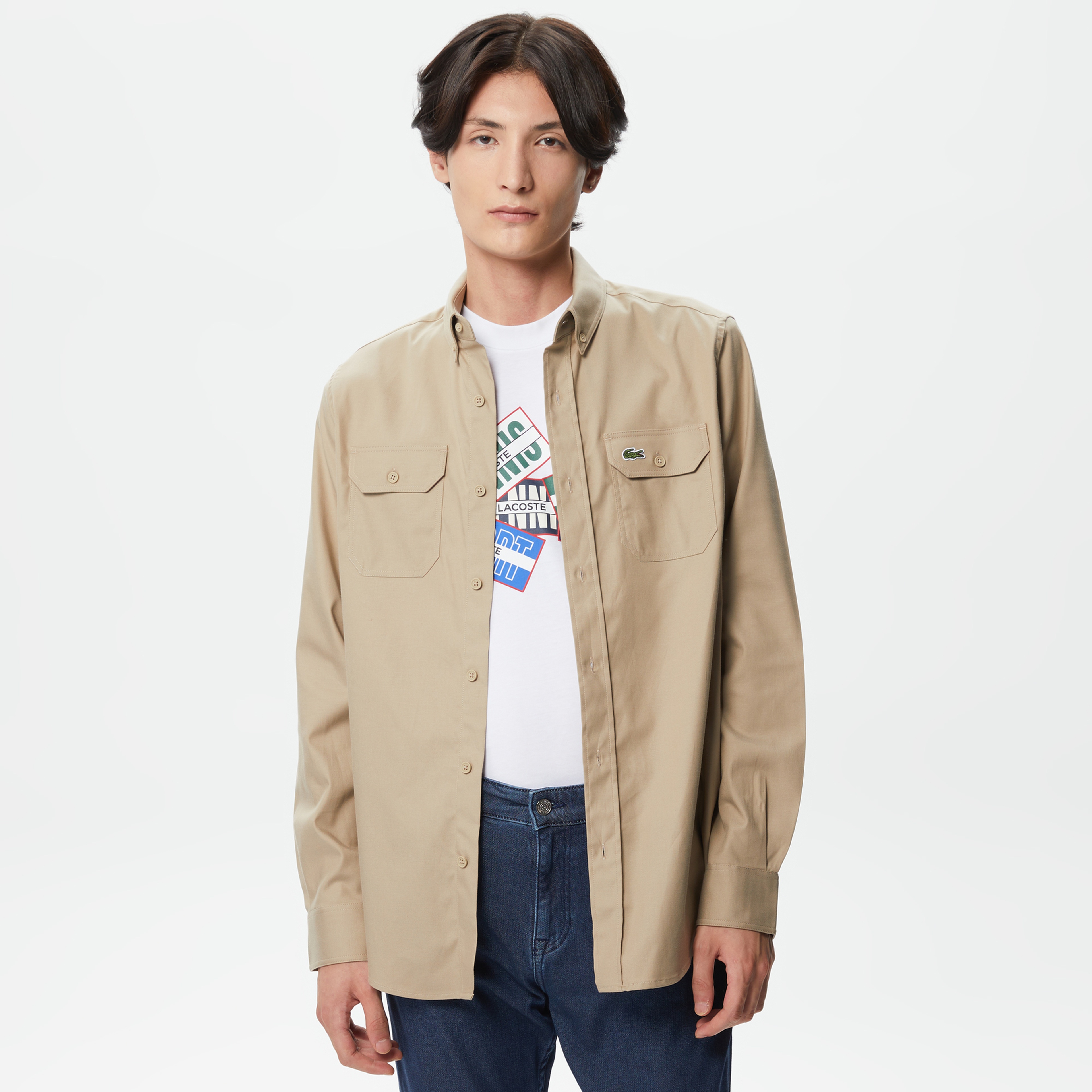 Erkek Slim Fit Düğmeli Yaka Bej Gömlek