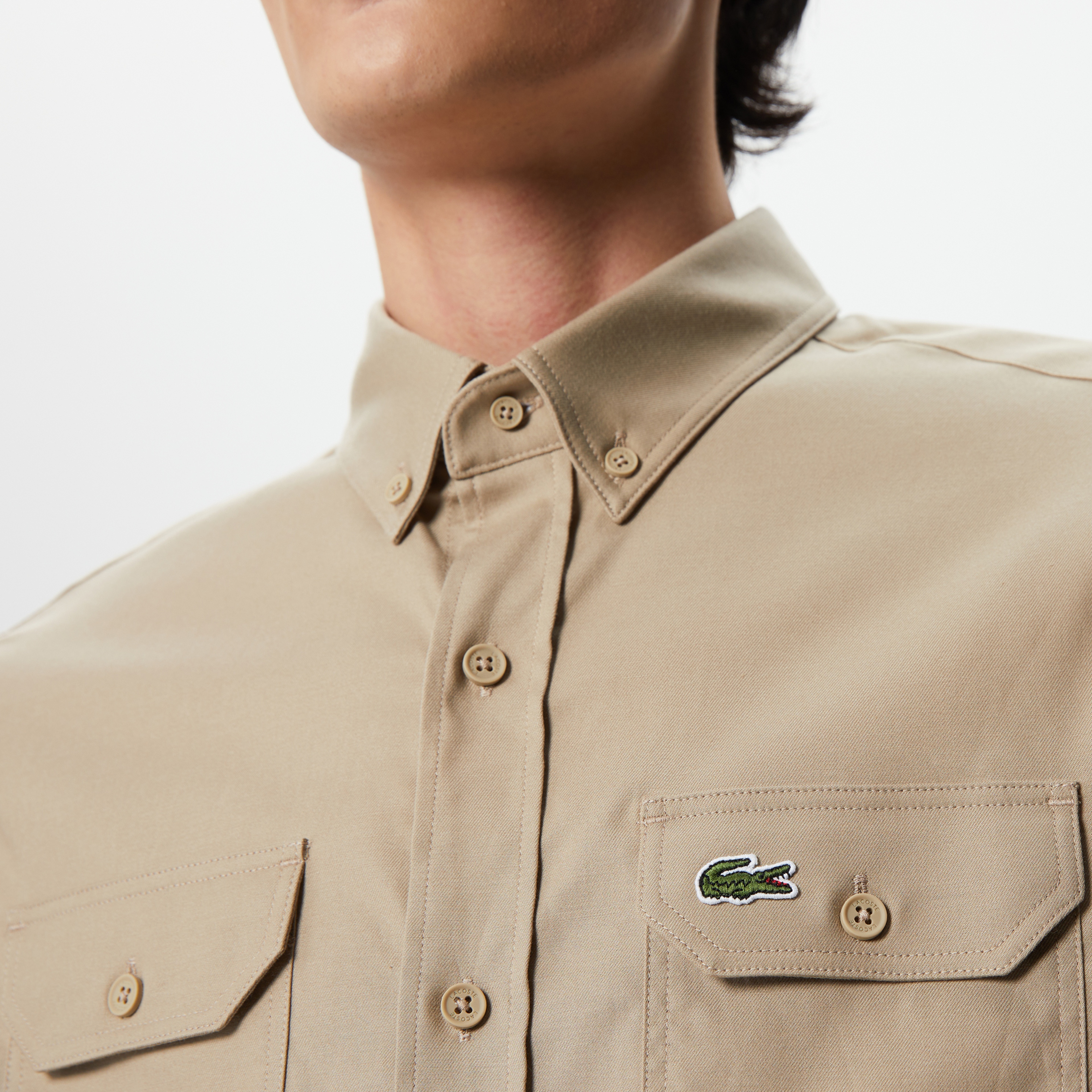 Erkek Slim Fit Düğmeli Yaka Bej Gömlek