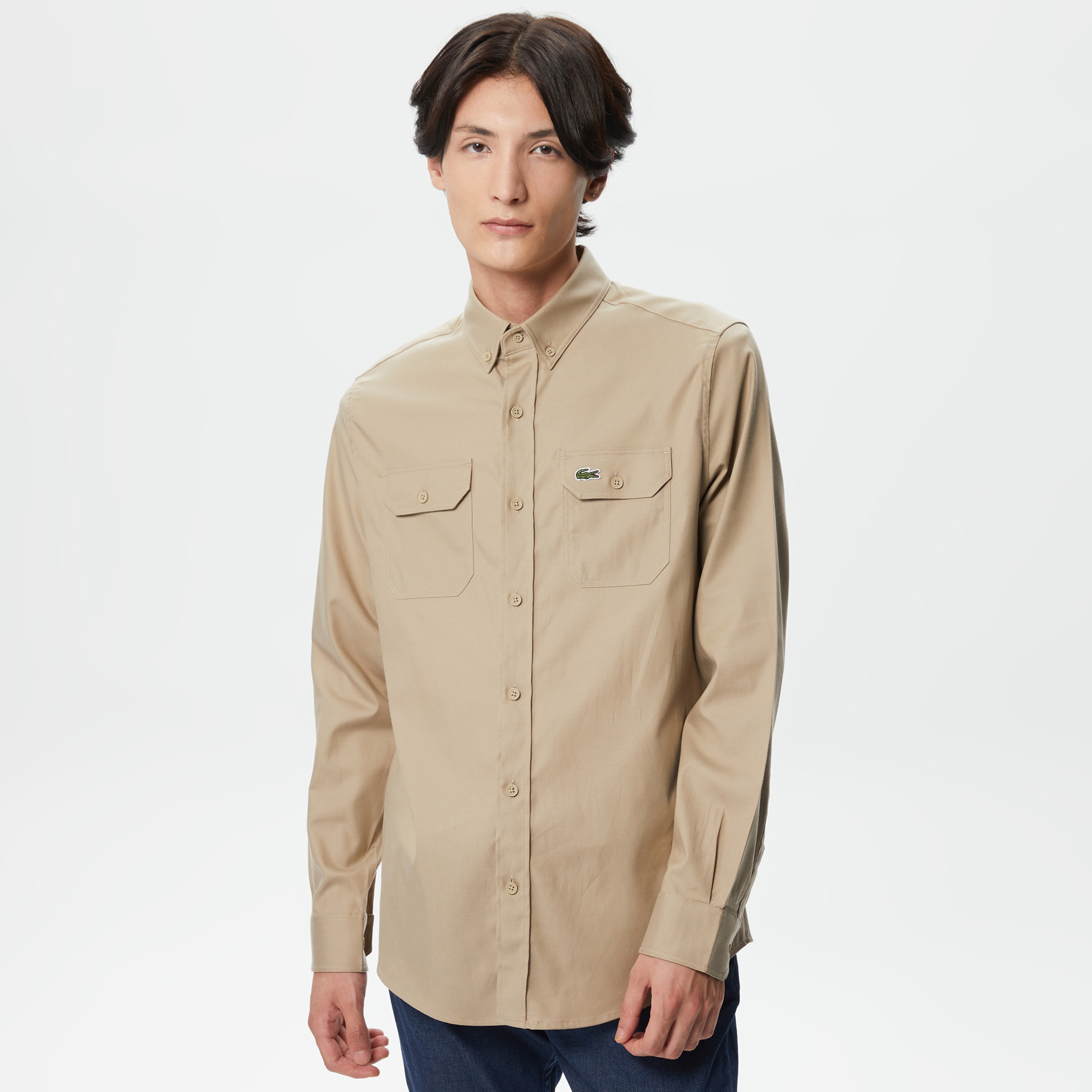 Erkek Slim Fit Düğmeli Yaka Bej Gömlek