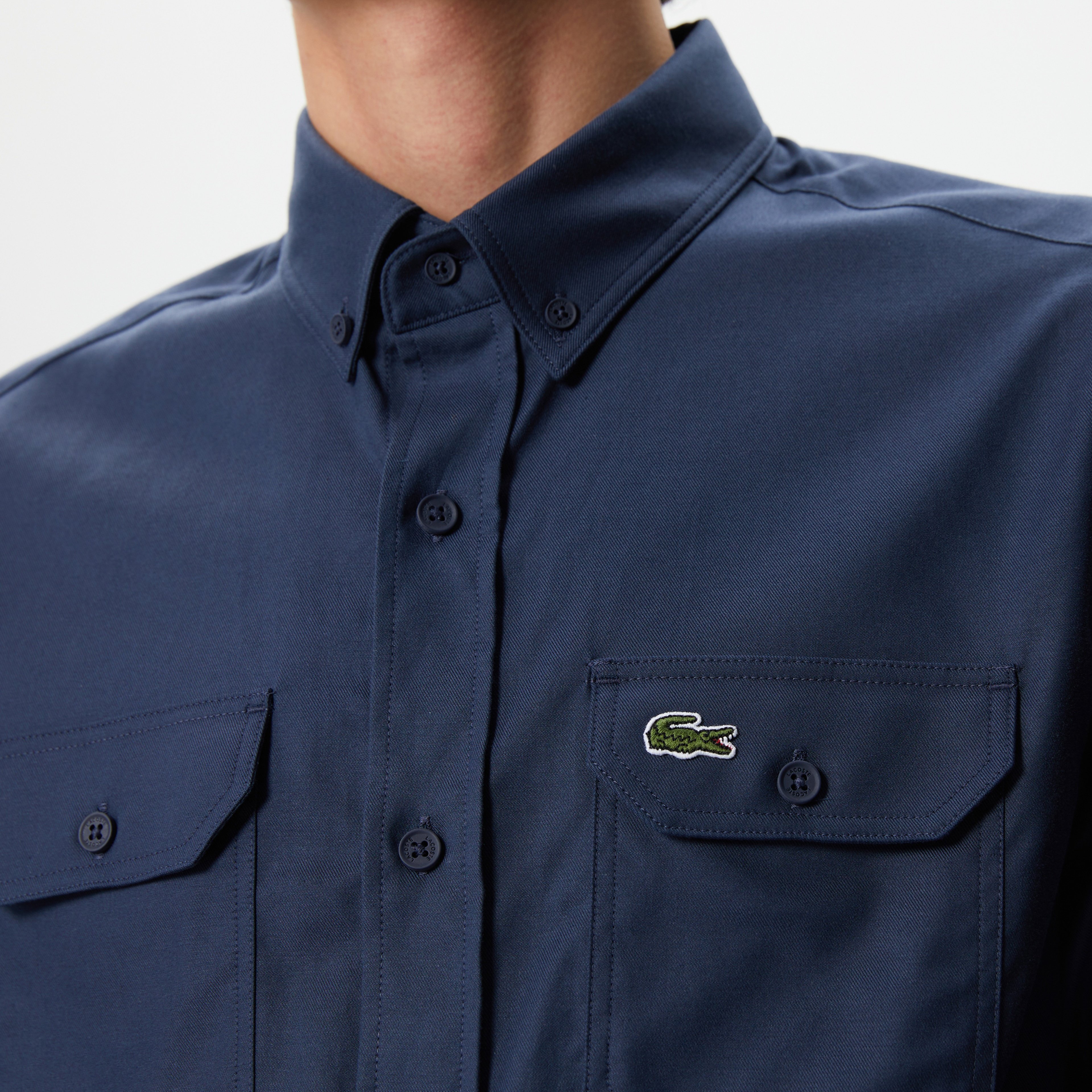 Erkek Slim Fit Düğmeli Yaka Lacivert Gömlek