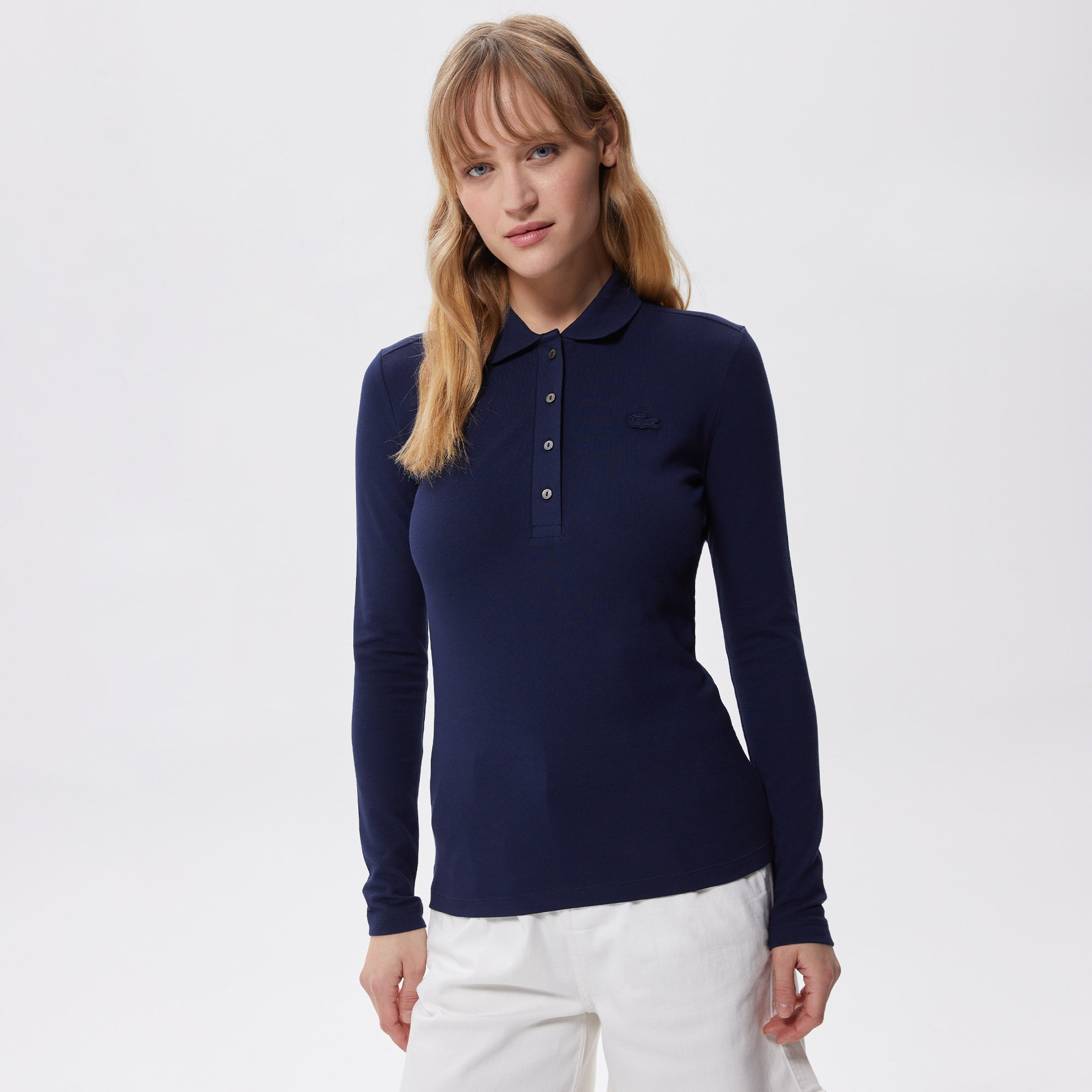 Kadın Slim Fit Uzun Kollu Lacivert Polo