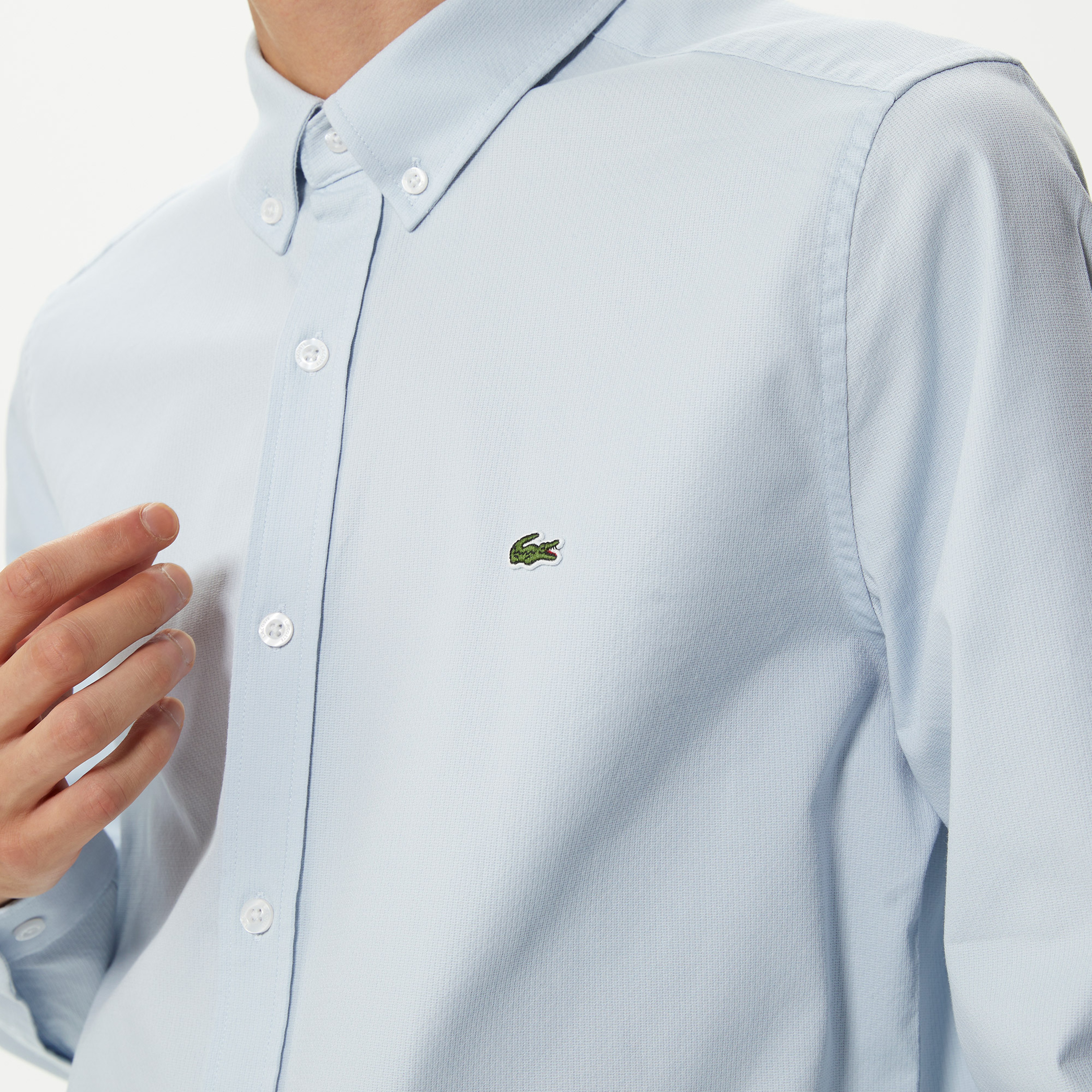 Lacoste Erkek Slim Fit Düğmeli Yaka Organik Pamuk Mavi Gömlek