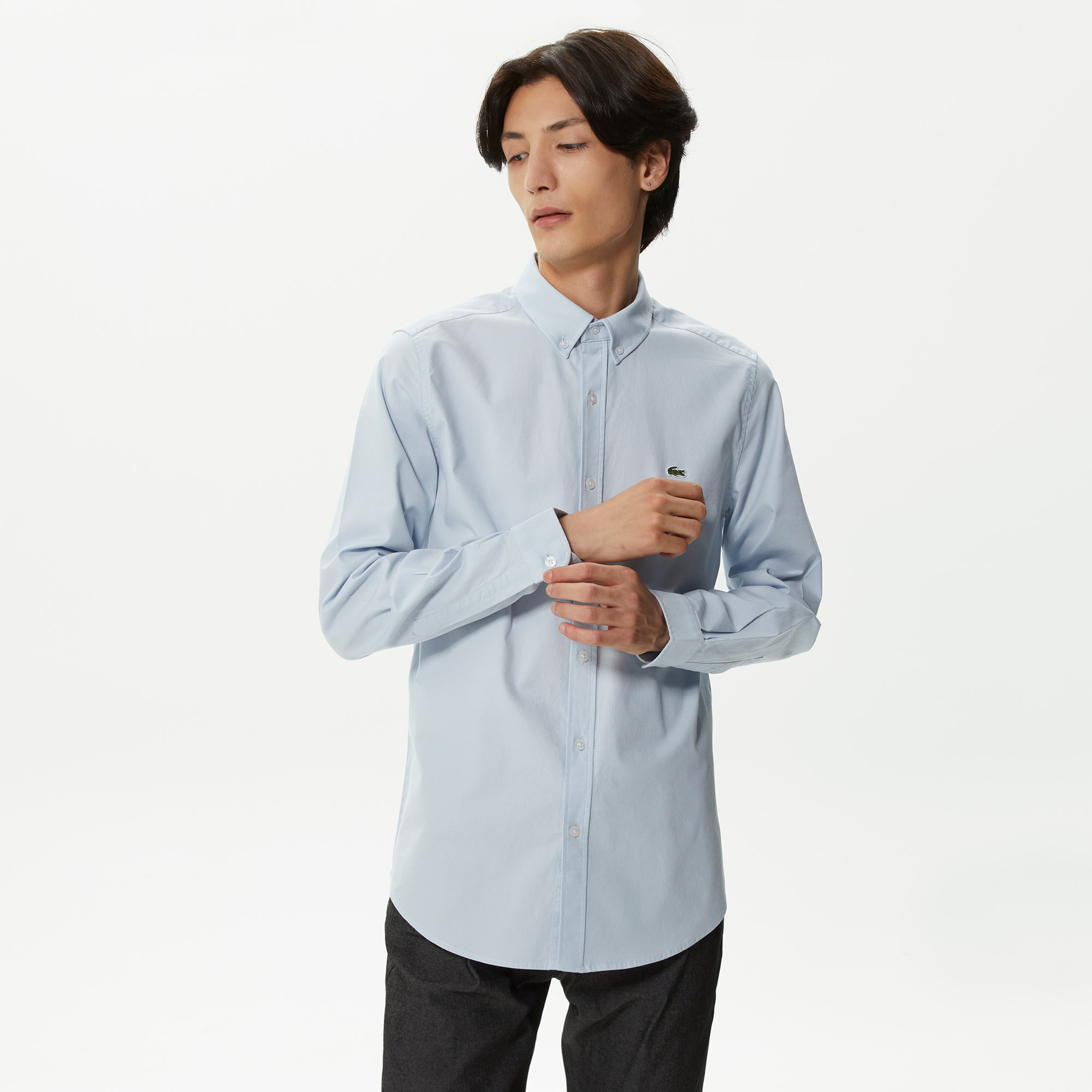 Lacoste Erkek Slim Fit Düğmeli Yaka Organik Pamuk Mavi Gömlek