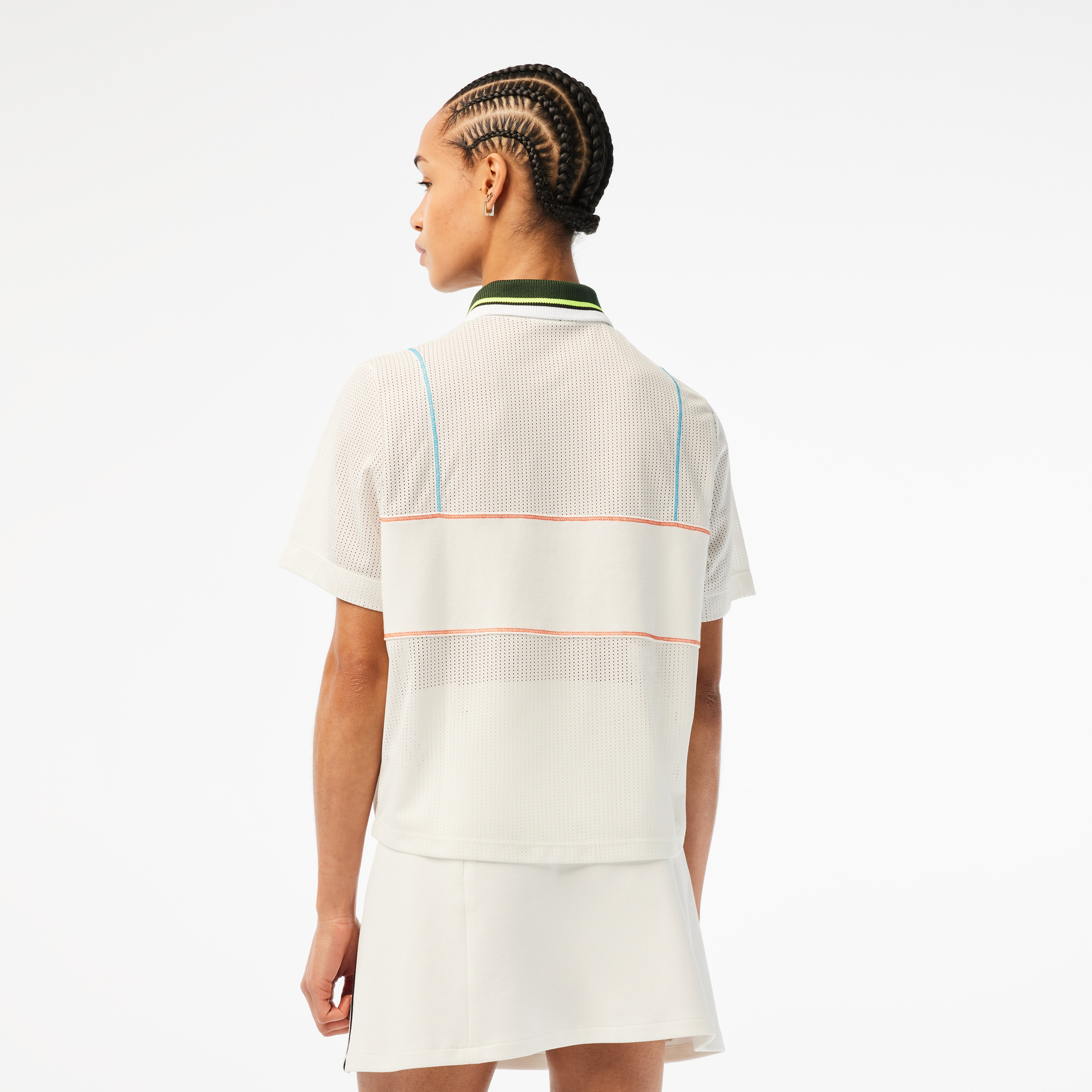 Kadın Loose Fit Kısa Kollu Çizgili Beyaz Polo