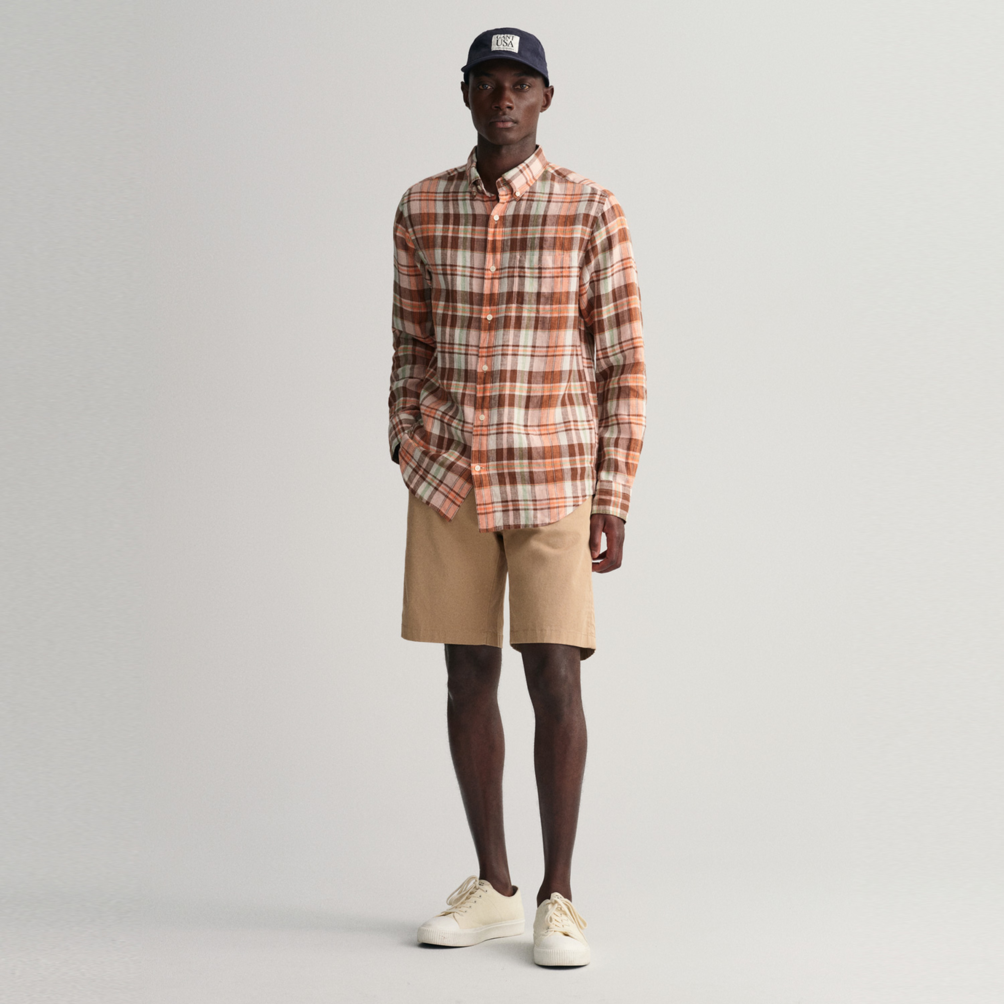 GANT Erkek Turuncu Regular Fit Kareli Keten Gömlek