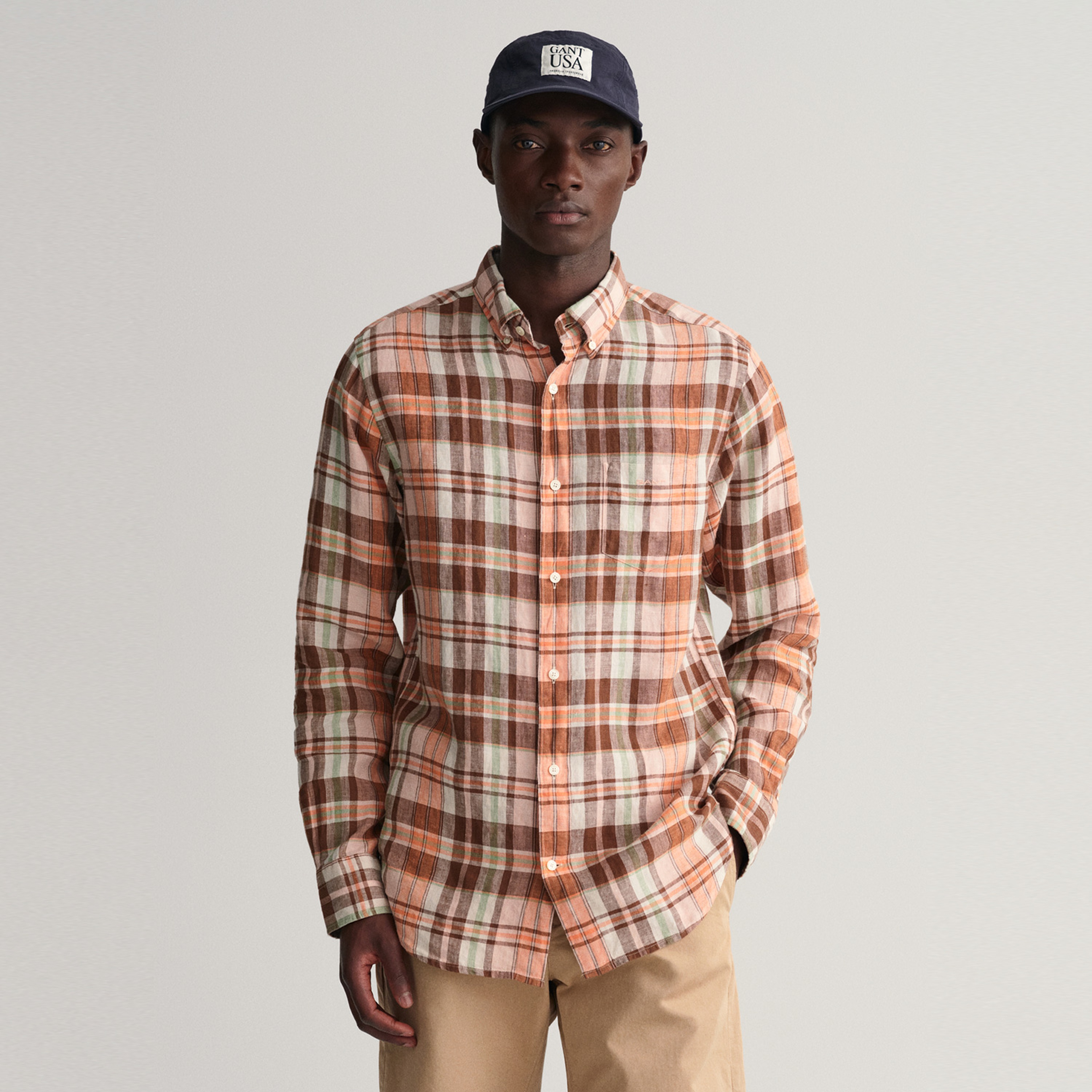 GANT Erkek Turuncu Regular Fit Kareli Keten Gömlek