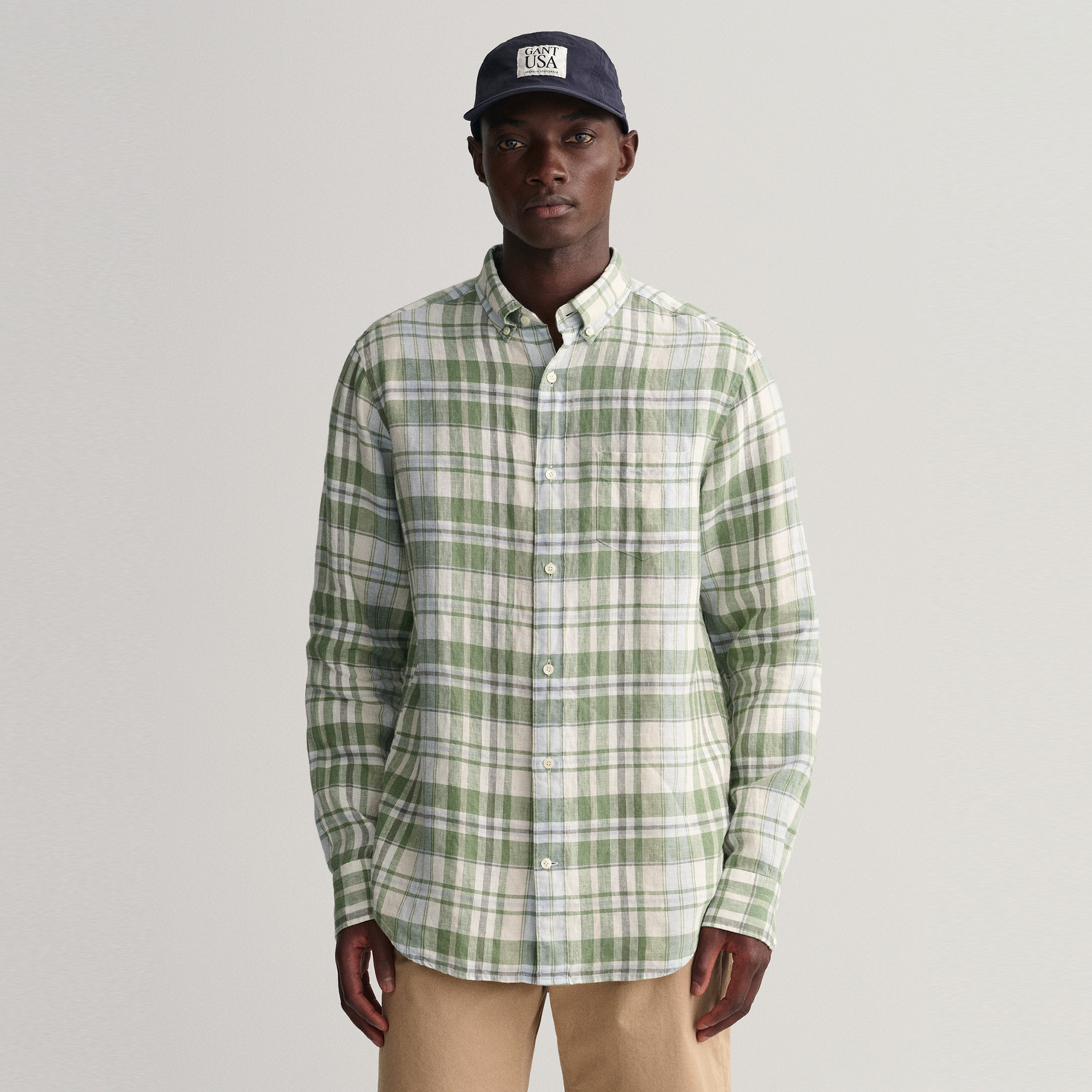 GANT Erkek Yeşil Regular Fit Kareli Keten Gömlek