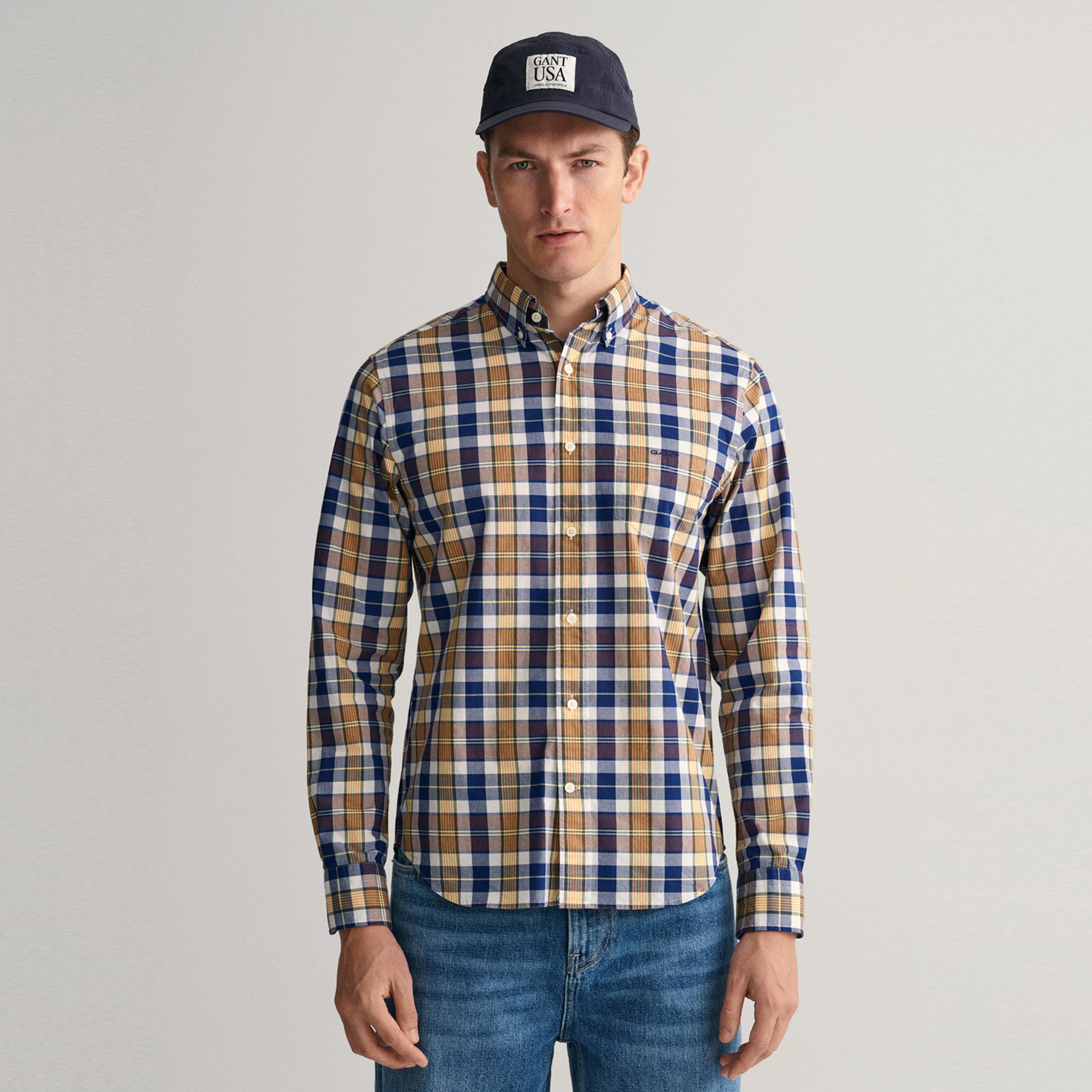 GANT Erkek Kahverengi Regular Fit Düğmeli Yaka Kareli Gömlek