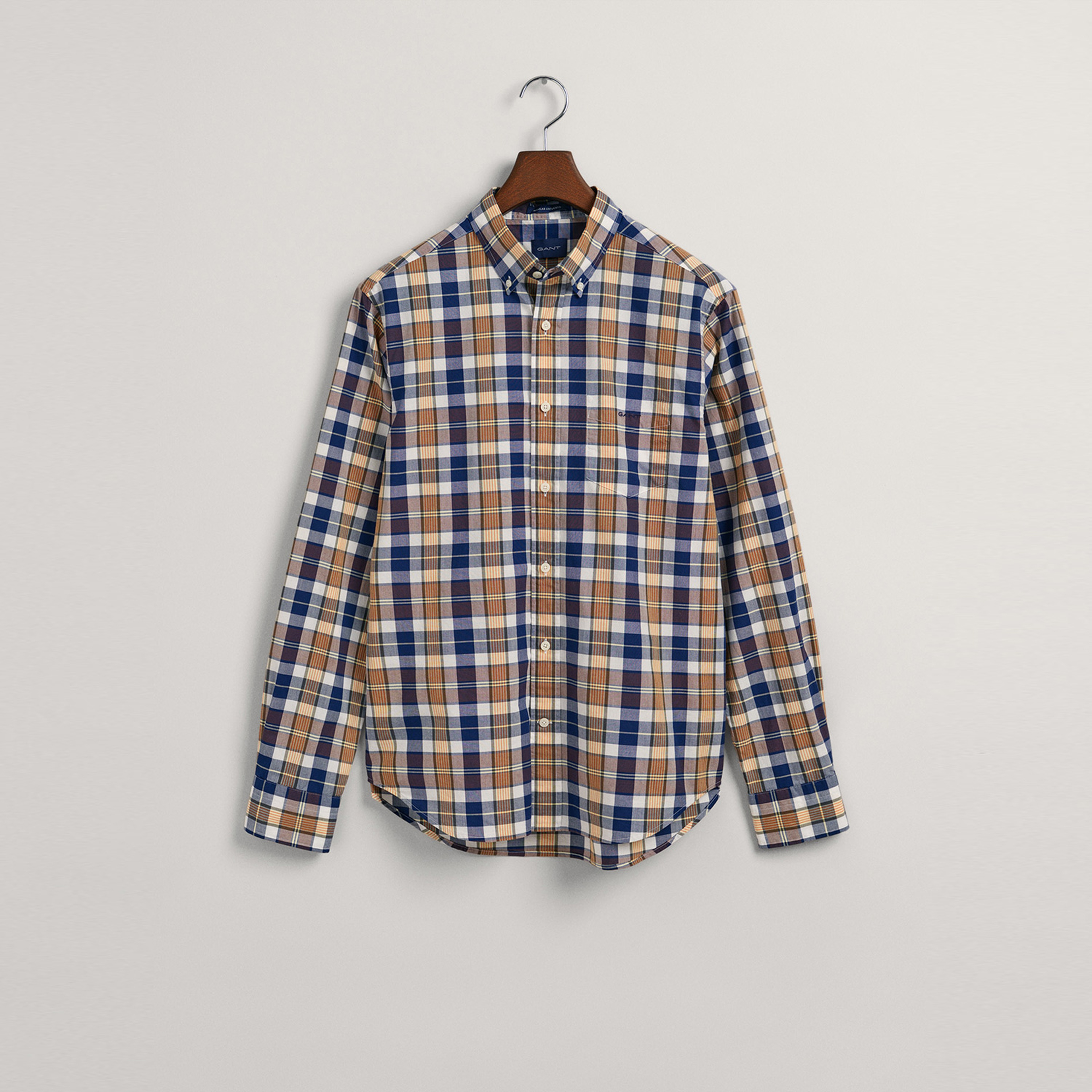 GANT Erkek Kahverengi Regular Fit Düğmeli Yaka Kareli Gömlek