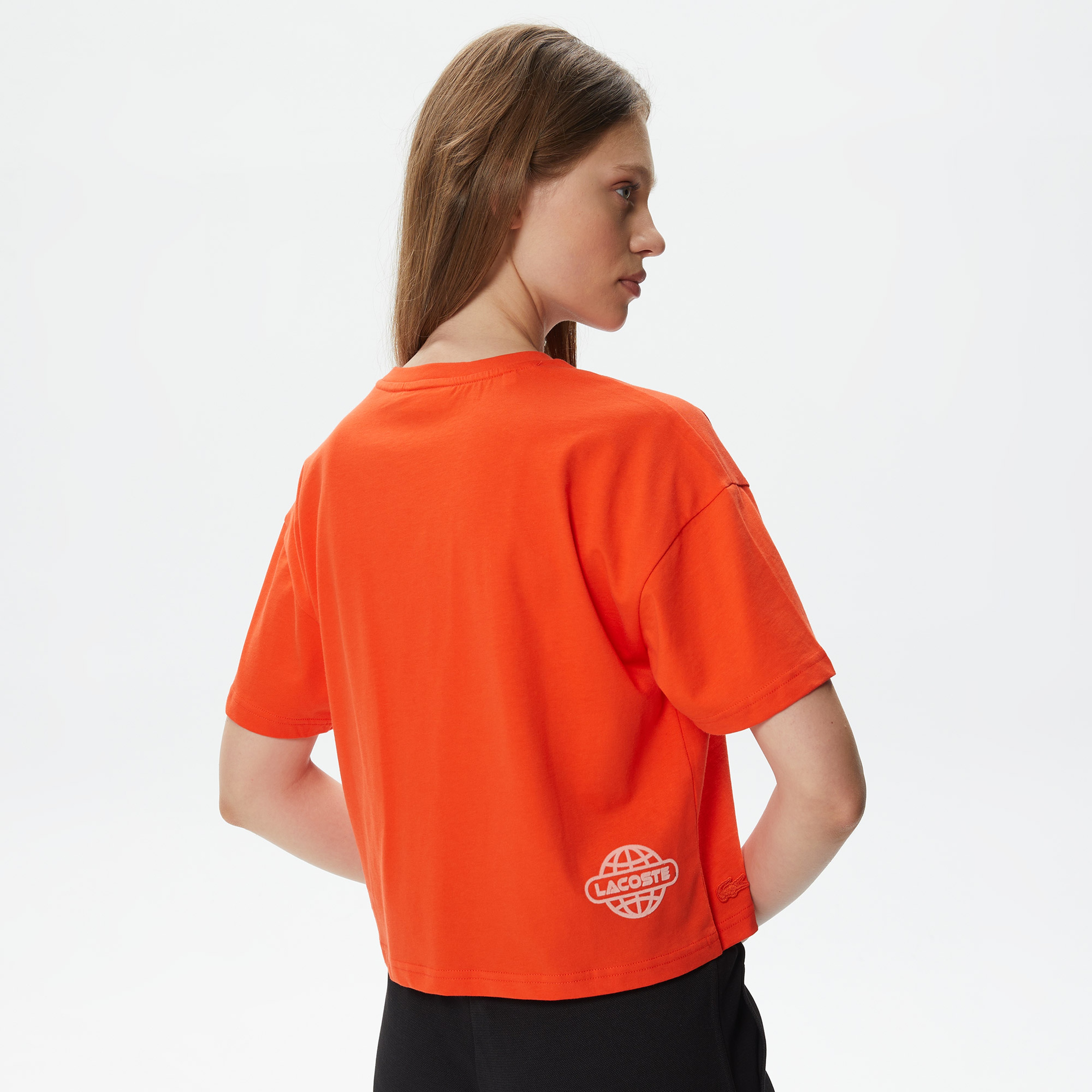 Kadın Crop Fit Bisiklet Yaka Baskılı Turuncu T-Shirt