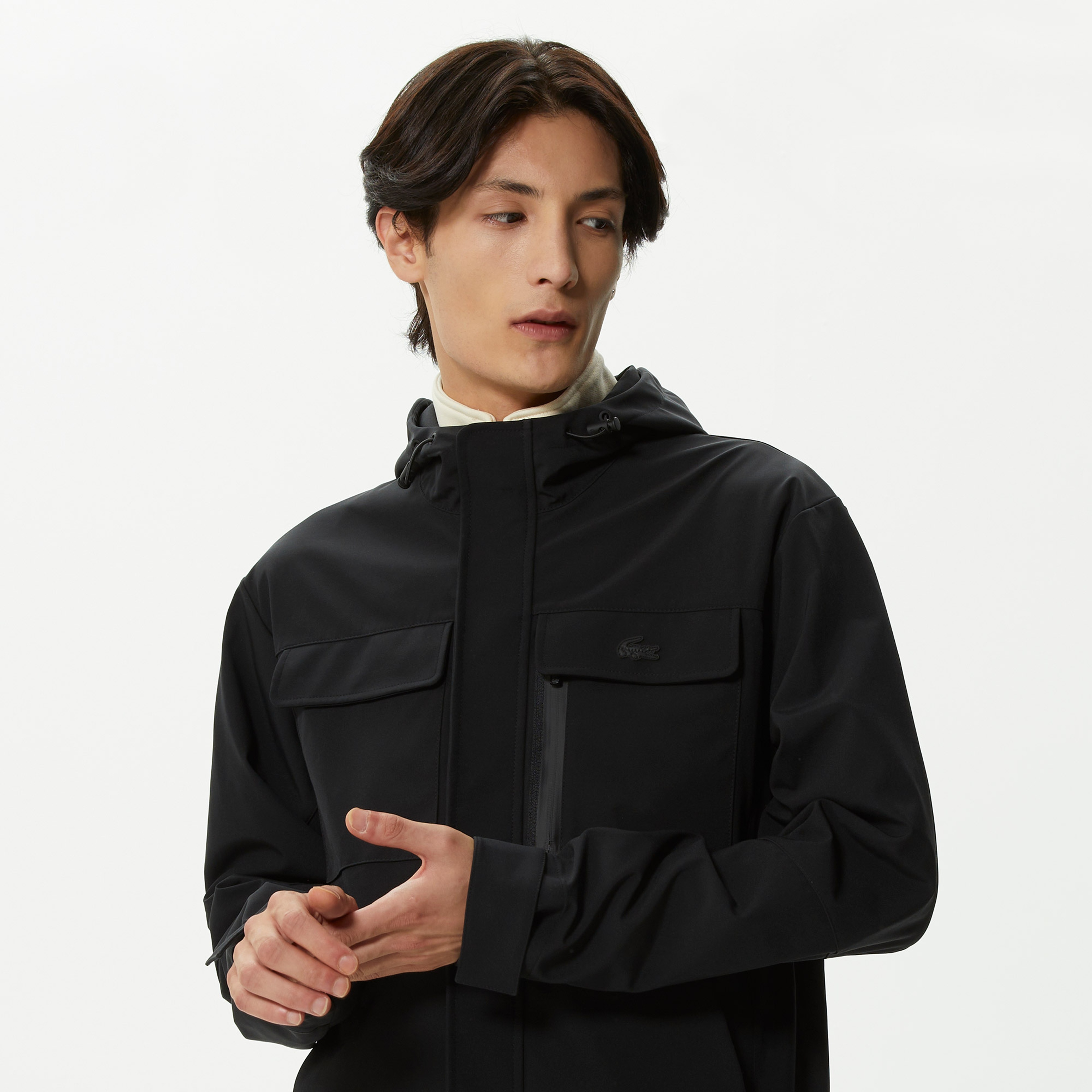 Erkek Kapüşonlu Baskılı Siyah Mont