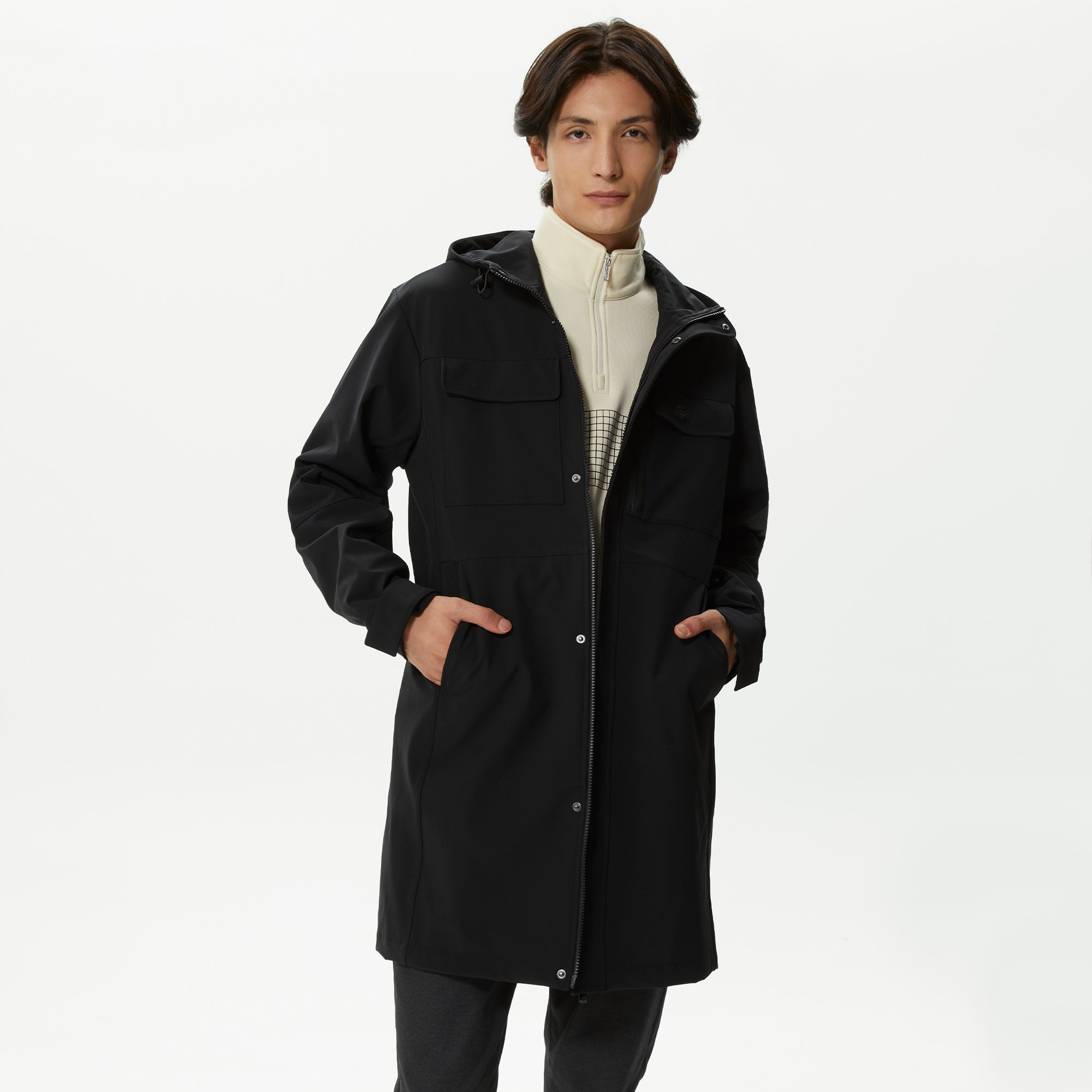 Erkek Kapüşonlu Baskılı Siyah Mont