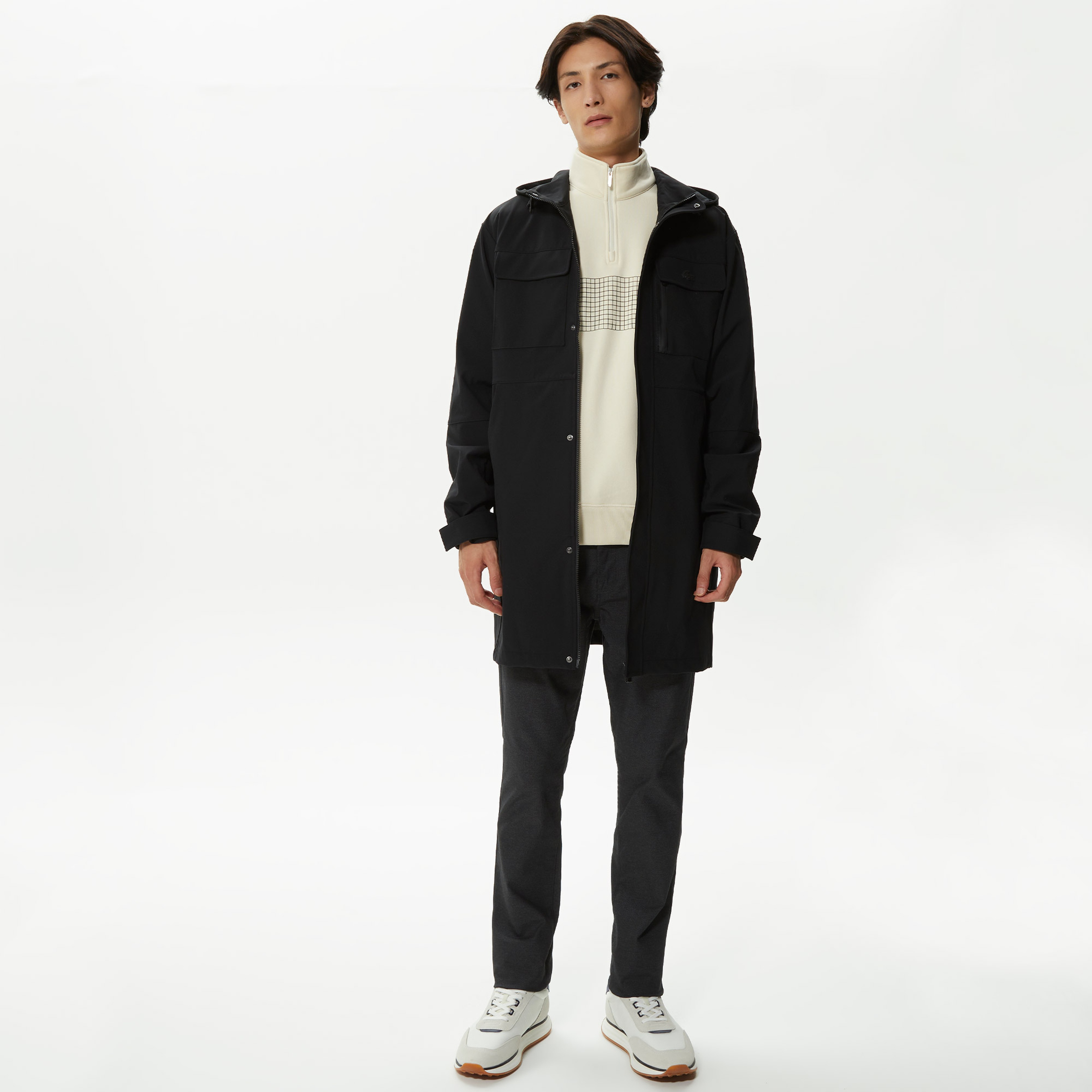 Erkek Kapüşonlu Baskılı Siyah Mont