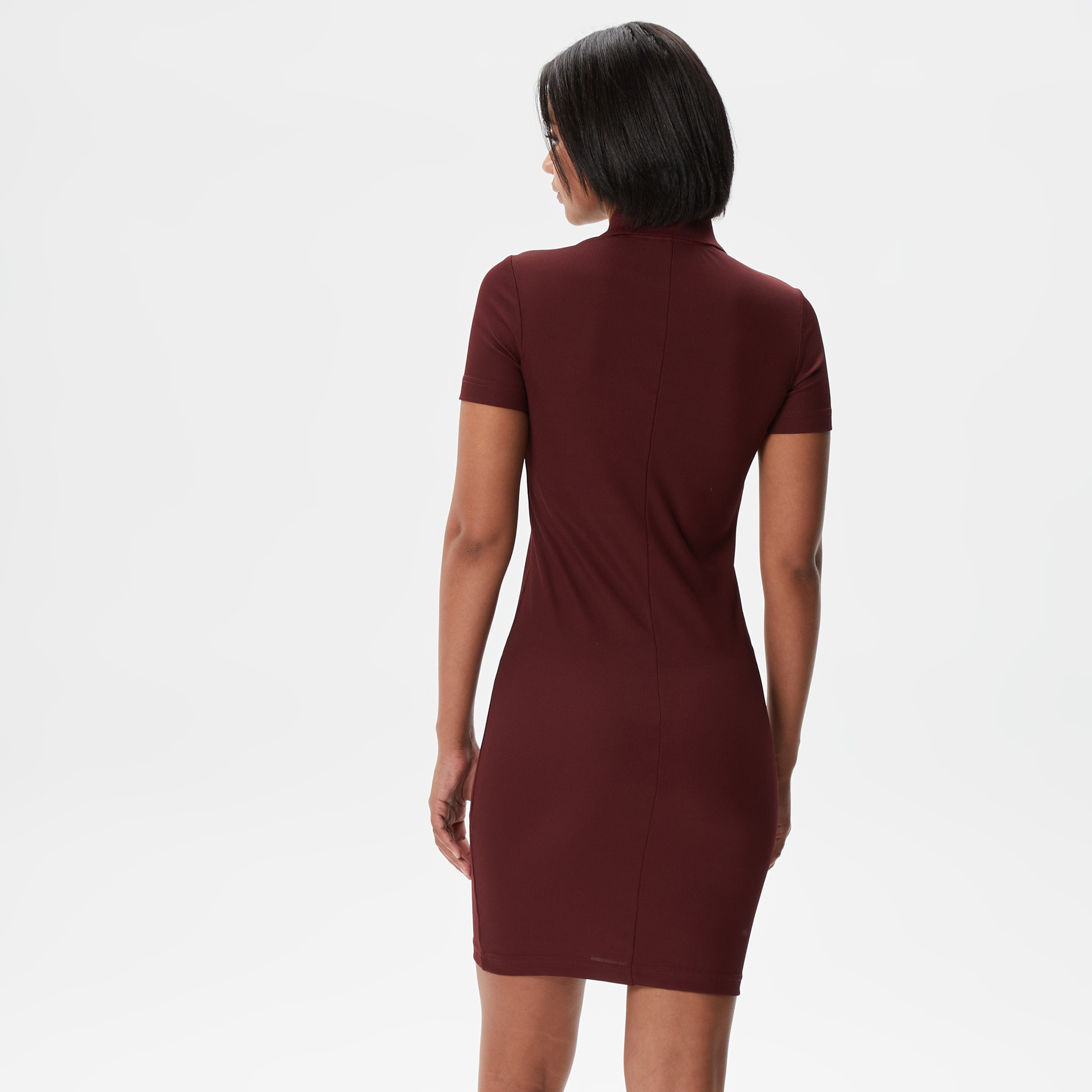 Kadın Slim Fit Kısa Kollu Polo Yaka Bordo Elbise