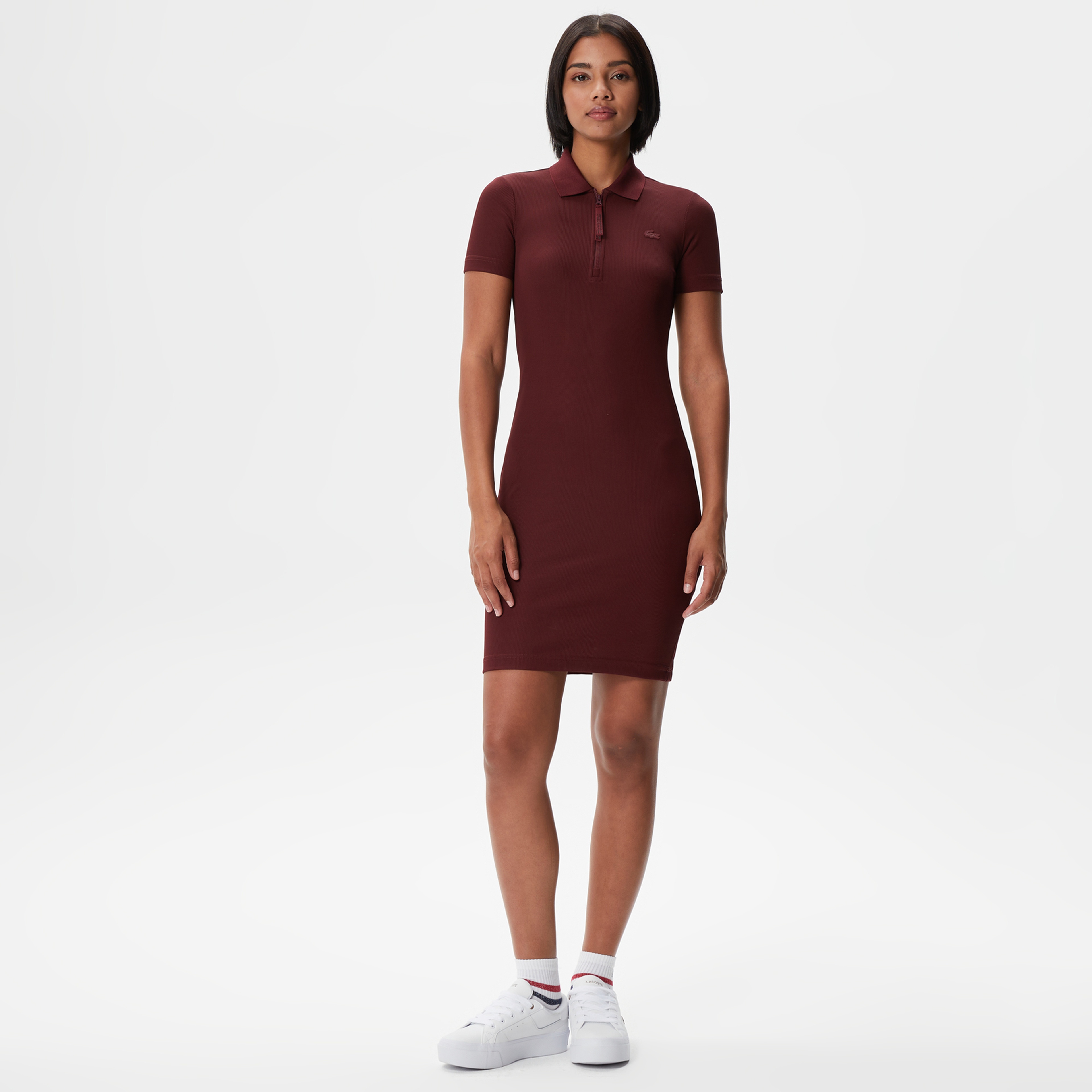 Kadın Slim Fit Kısa Kollu Polo Yaka Bordo Elbise